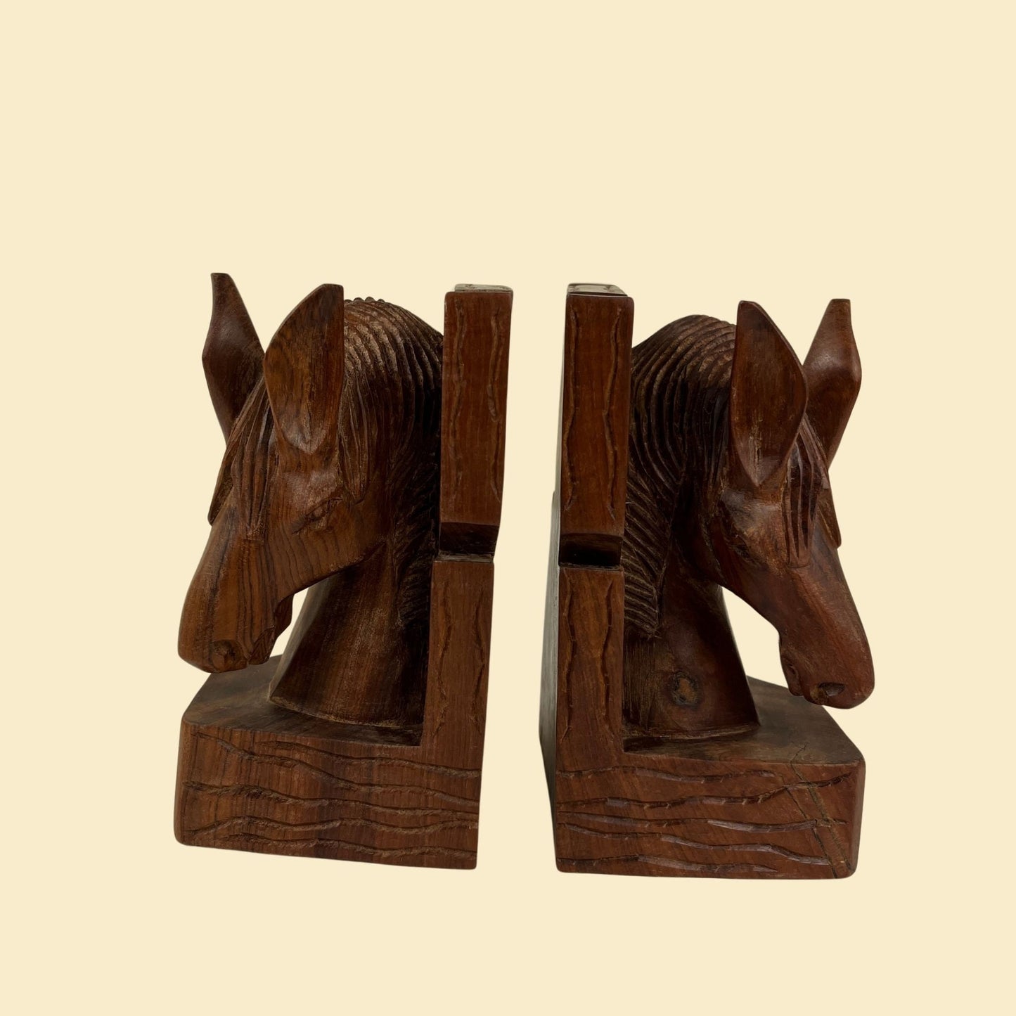 1980s folk art horse bookends, vintage 80s hand-carved horse shaped bookend set