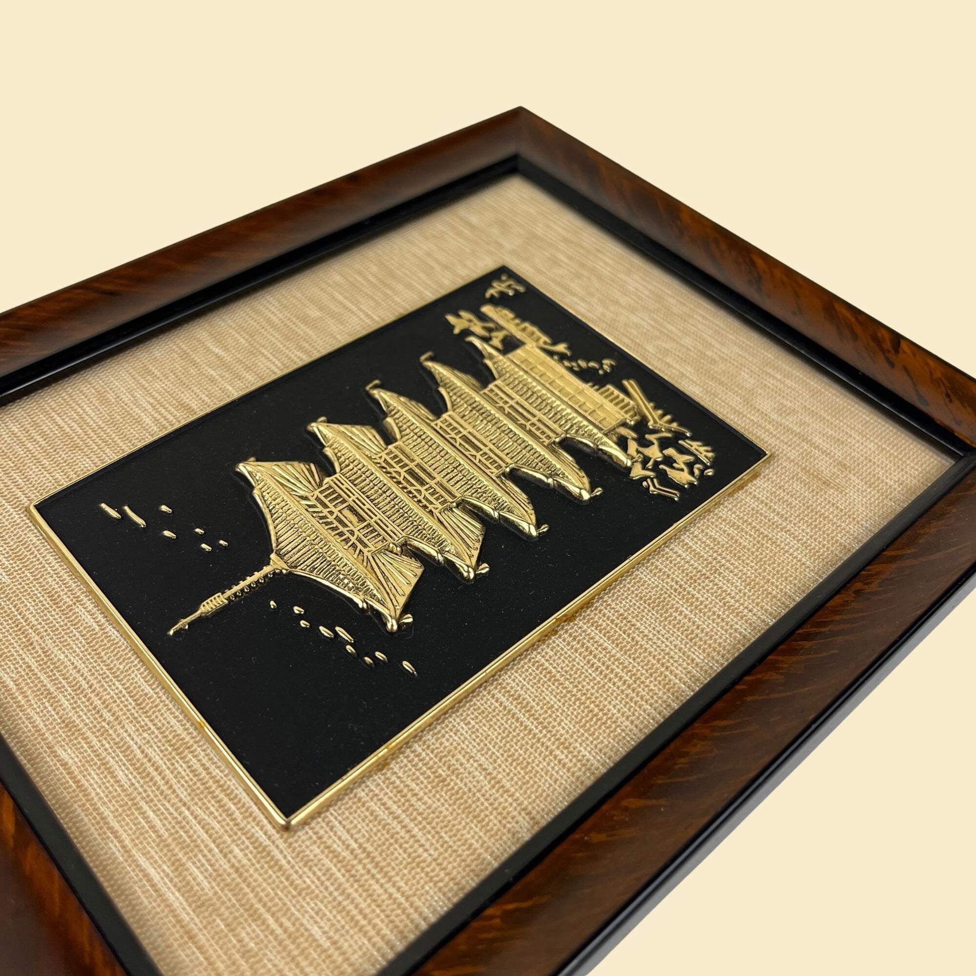 1960s Japanese pagoda framed art souvenir, vintage 60s gold-toned & black pagoda art, 5.5" x 6.25"