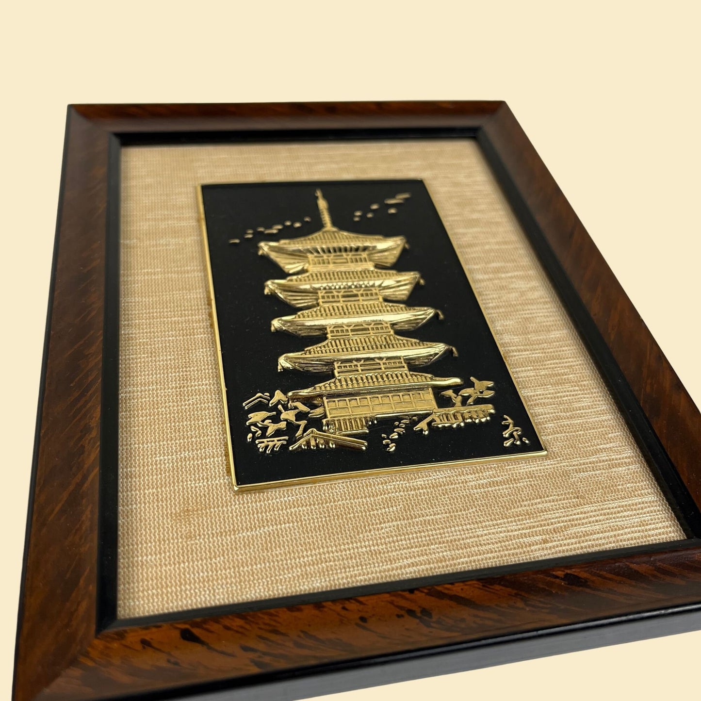 1960s Japanese pagoda framed art souvenir, vintage 60s gold-toned & black pagoda art, 5.5" x 6.25"