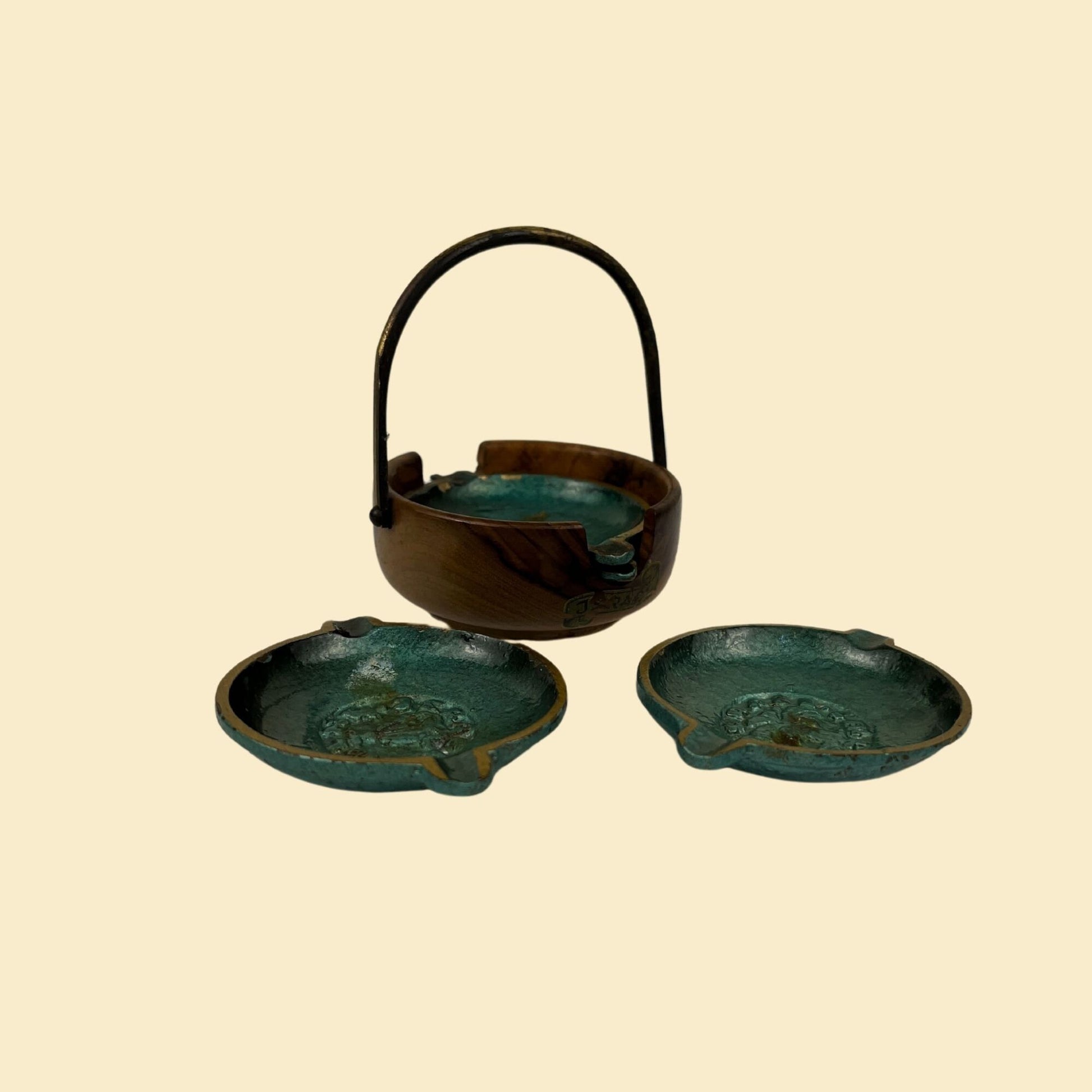 1970s Israel ash-tray & carrier set, vintage green/gold-toned Judaica ash tray or incense holder set