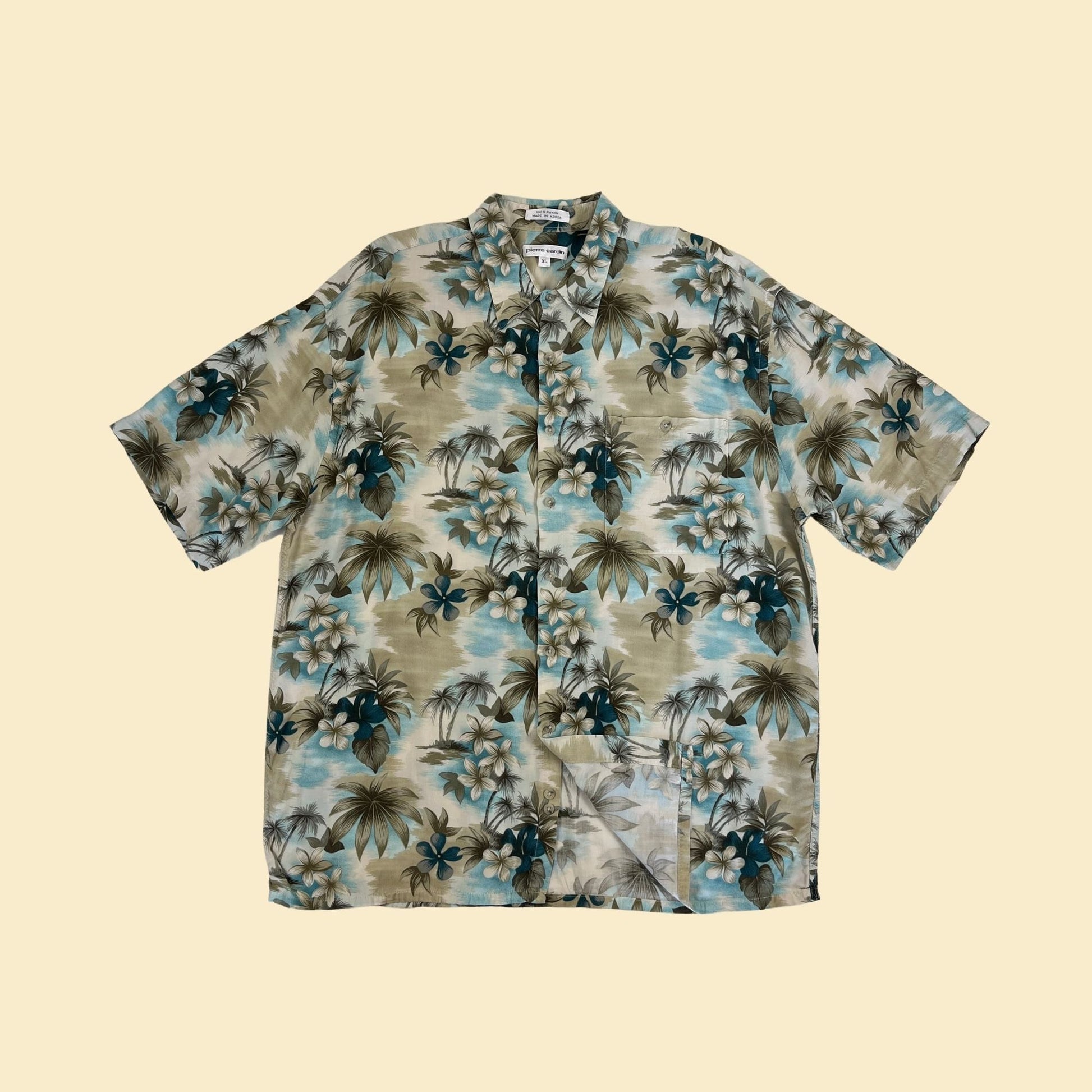 90s XL Pierre Cardin floral shirt, vintage 1990s men's blue/beige leaf patterned short sleeve top