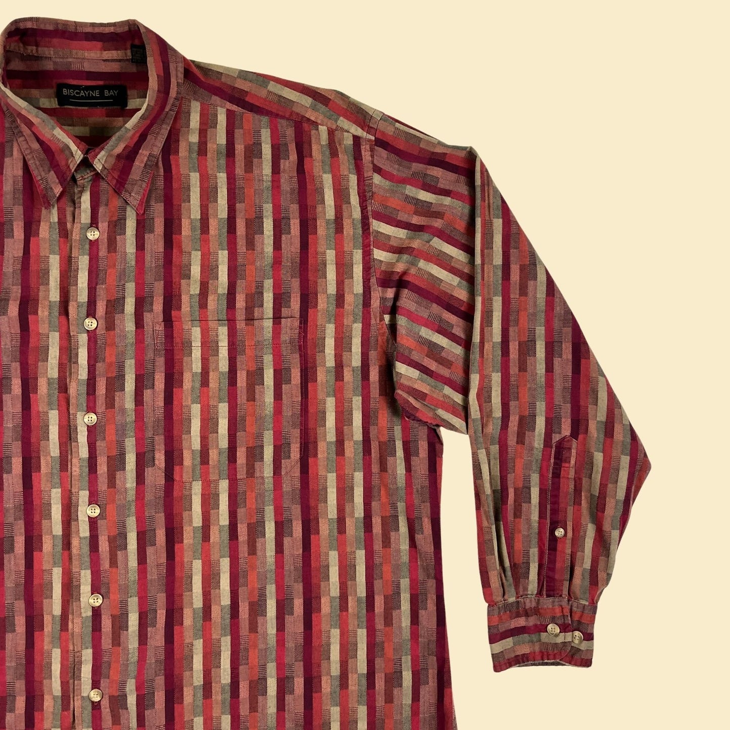 90s burgundy XL abstract men's shirt, vintage 1990s long sleeve button down cotton top