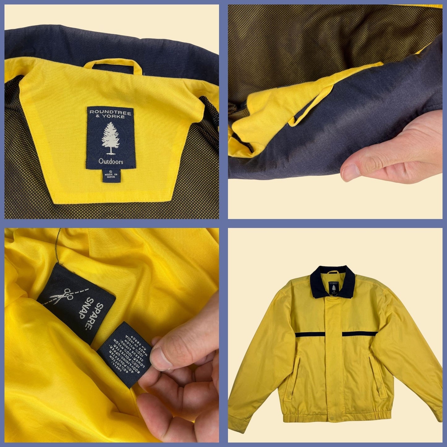 90s S yellow/blue windbreaker by Roundtree & Yorke, vintage 1990s zip up jacket