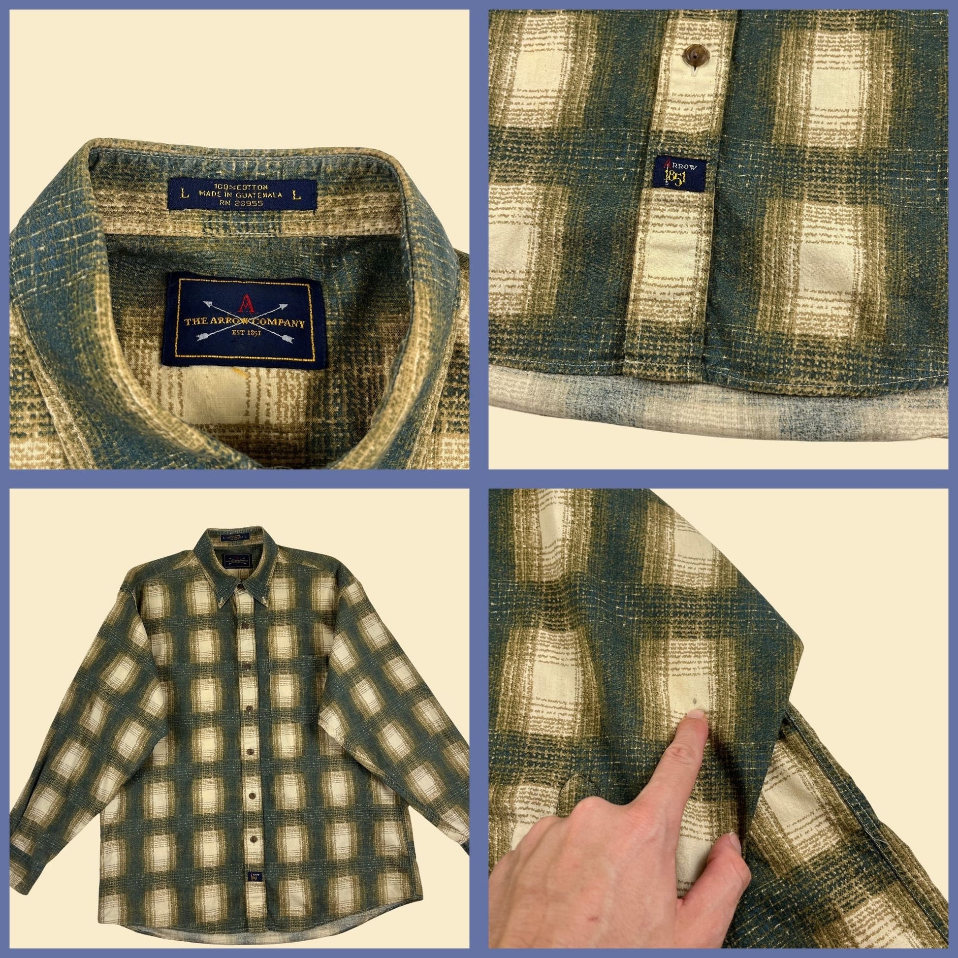 90s L green men's shirt, vintage 1990s casual green & beige geometric long sleeve button down shirt