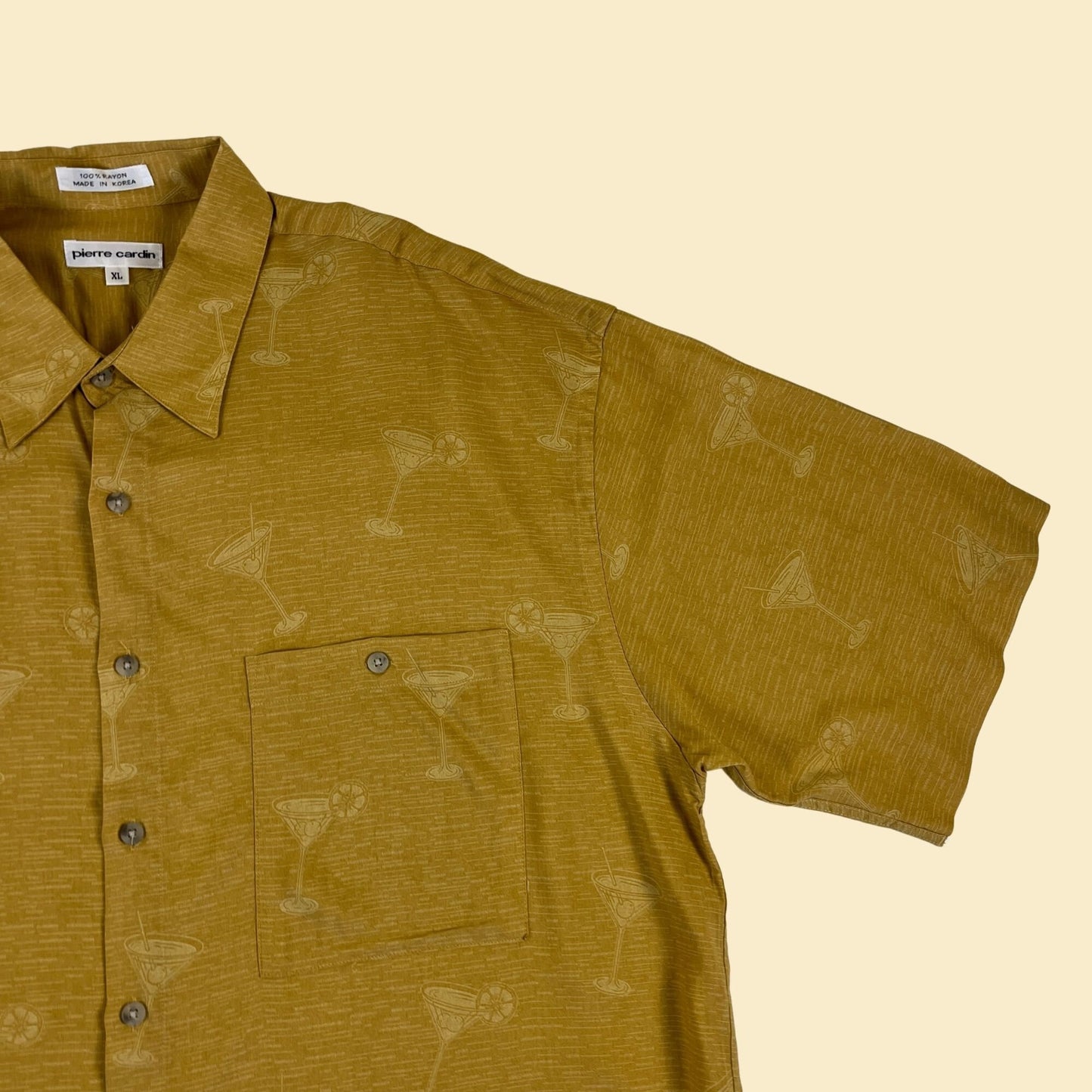 1990s XL yellow martini shirt by Pierre Cardin, vintage 90s mustard yellow drink patterned short sleeve top