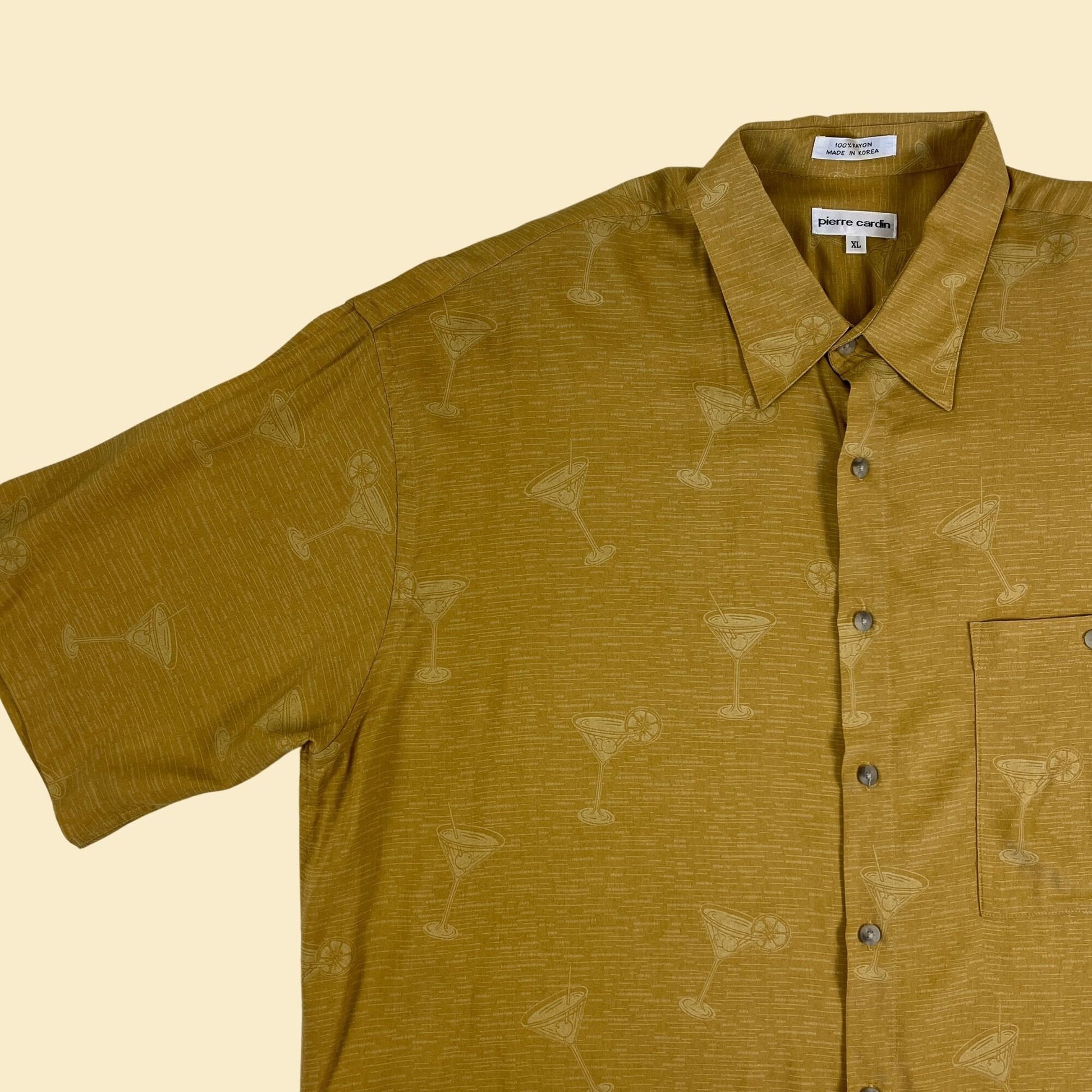 1990s XL yellow martini shirt by Pierre Cardin, vintage 90s mustard yellow drink patterned short sleeve top