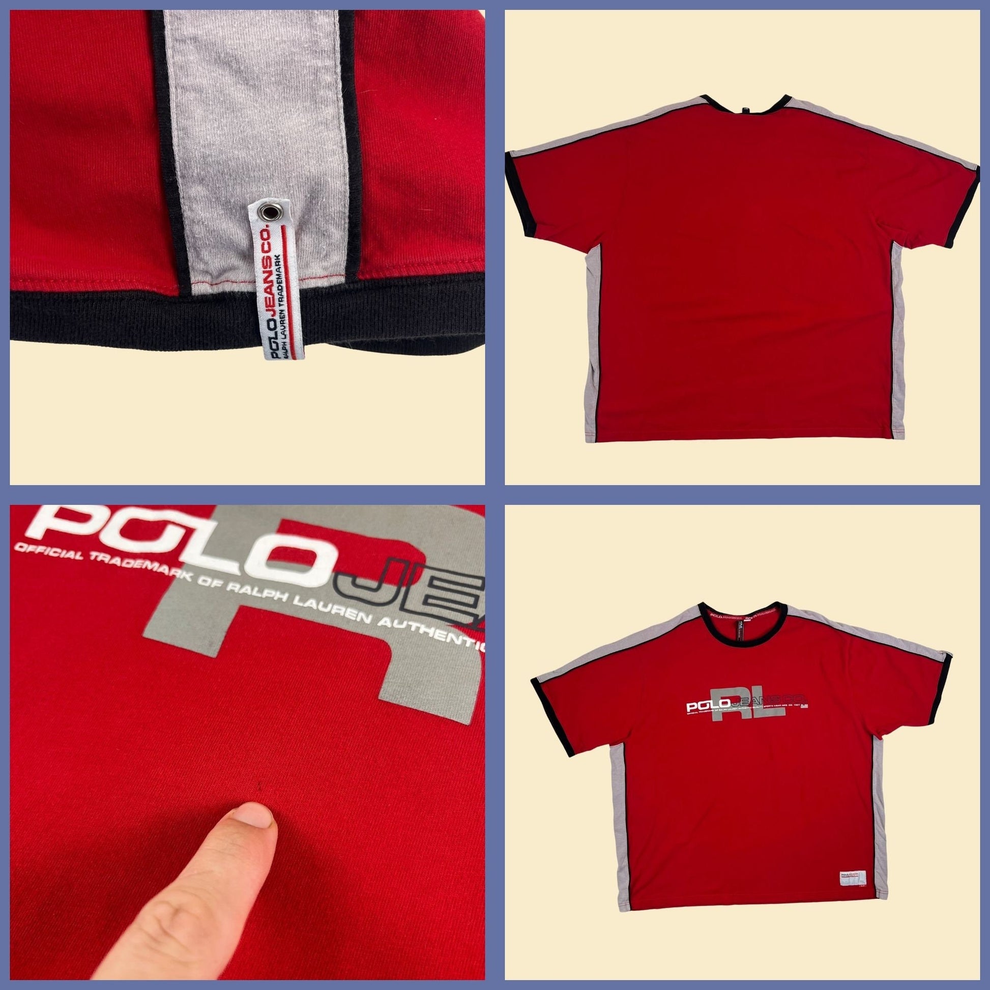 Vintage 90s/Y2K Polo Jeans Company 3XT t-shirt, 2000s men's red/black/grey Ralph Lauren t-shirt