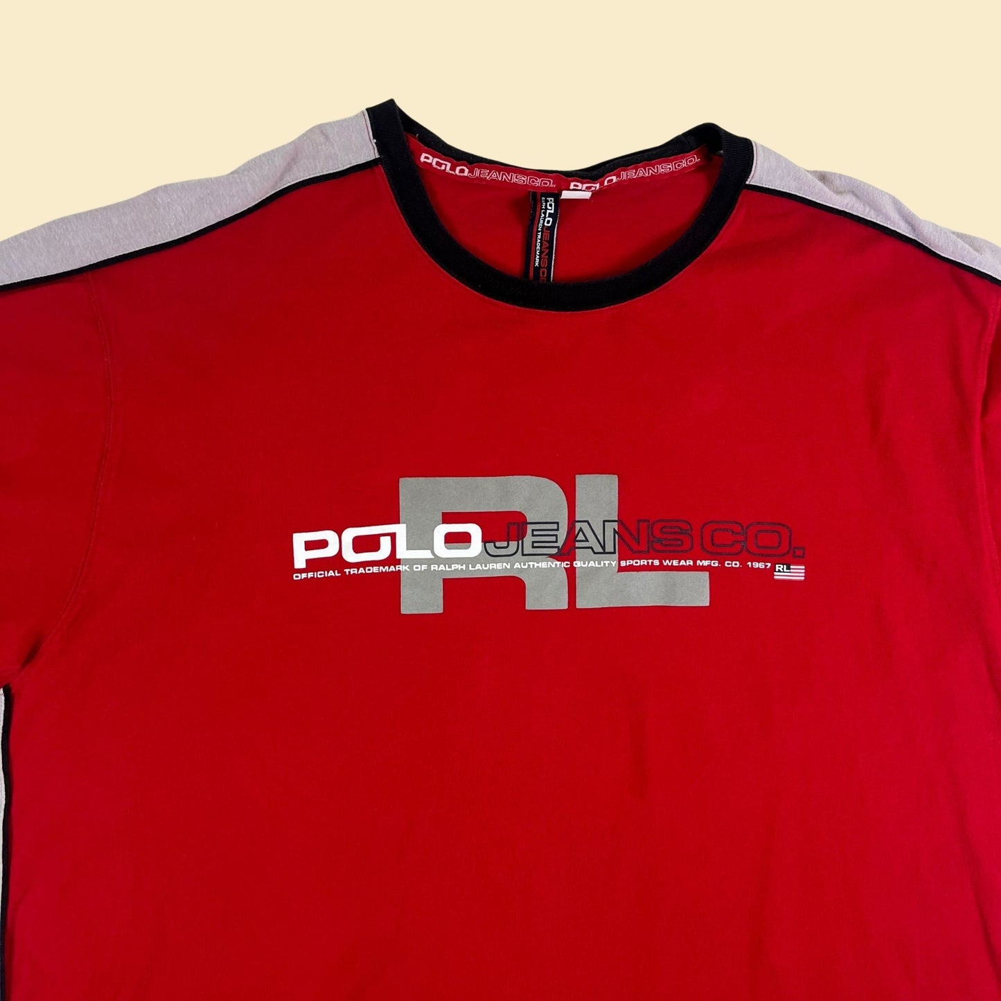 Vintage 90s/Y2K Polo Jeans Company 3XT t-shirt, 2000s men's red/black/grey Ralph Lauren t-shirt