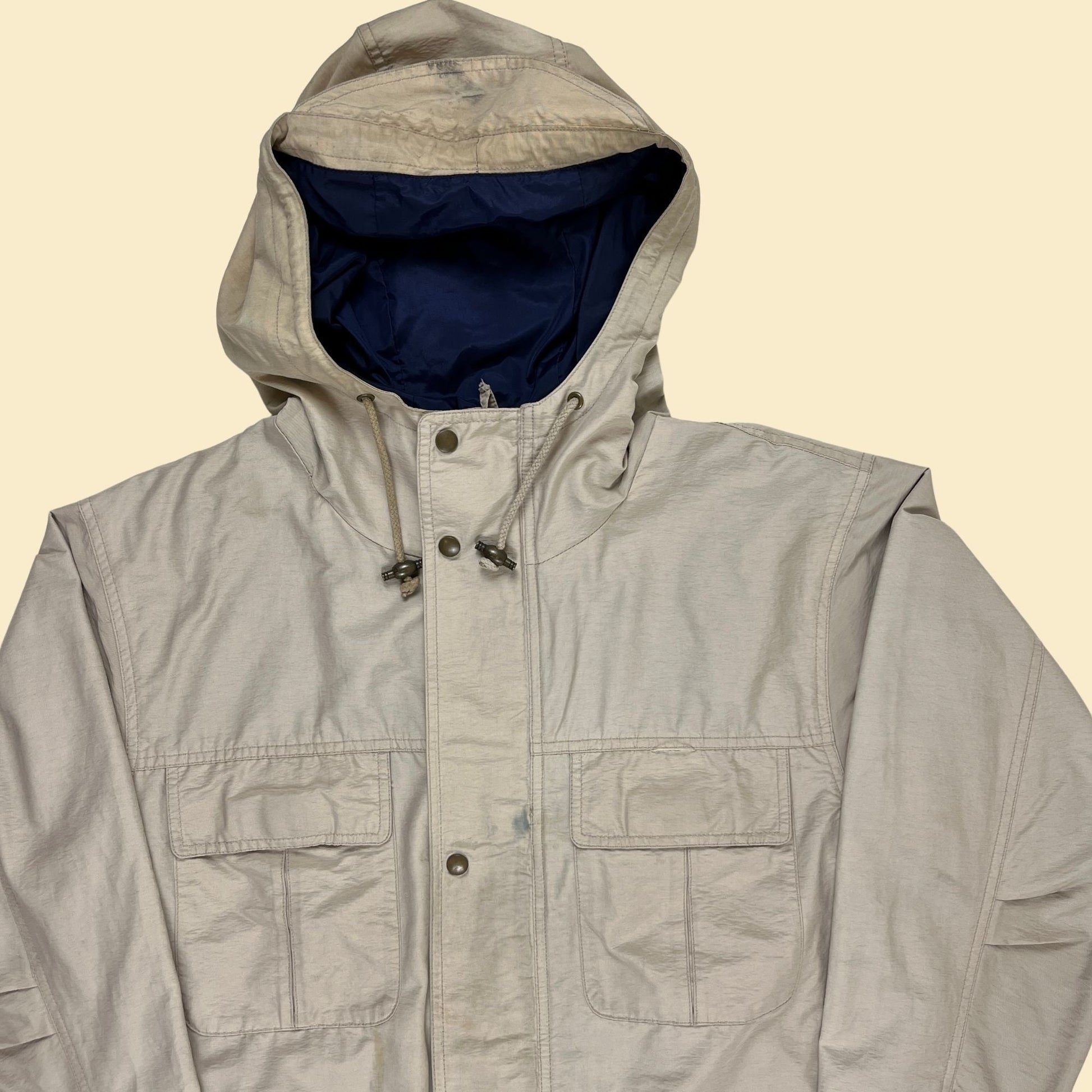 1990s Eddie Bauer beige/blue parka windbreaker / rain coat, vintage size M 90s men's hooded jacket