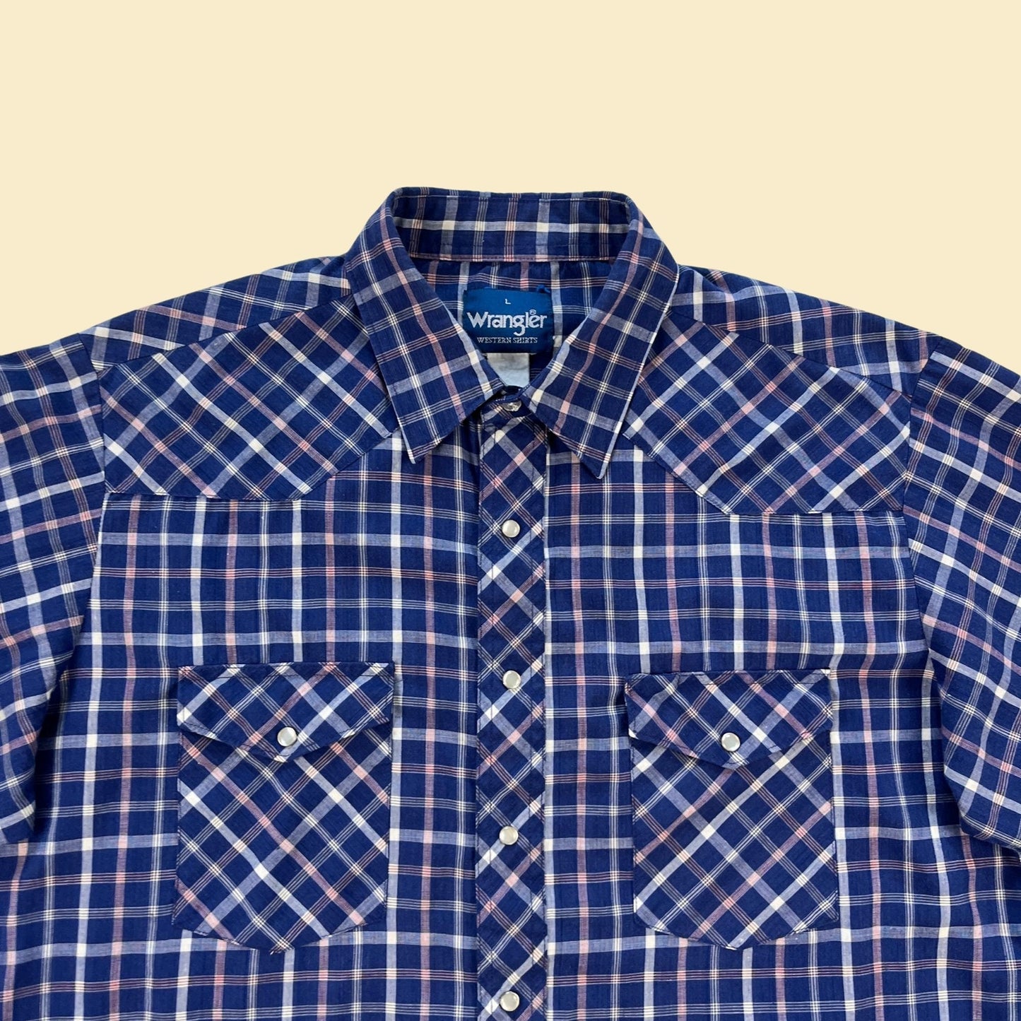 1980s L Wrangler men's shirt, vintage 80s western snap clasp long sleeve blue plaid top