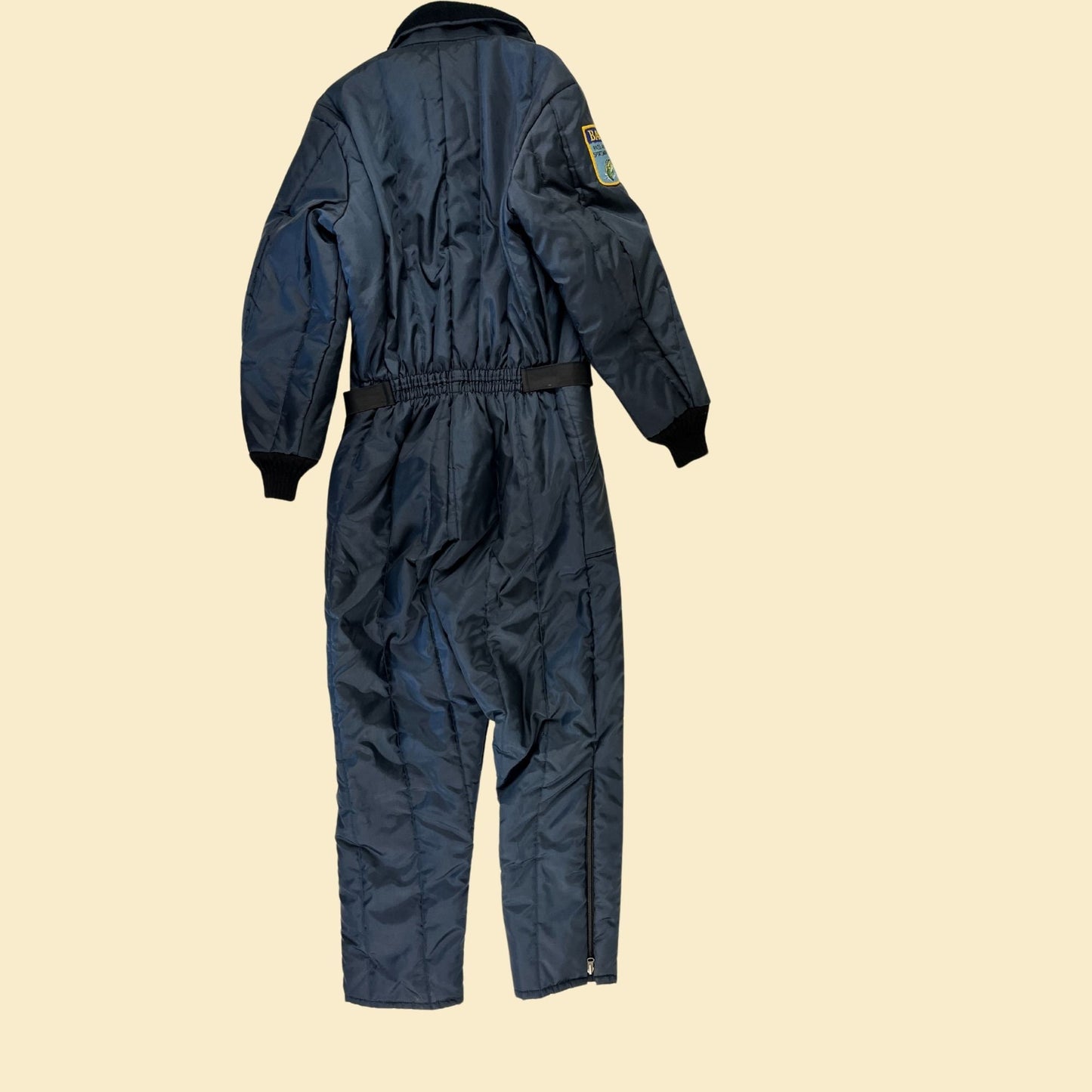 1970s Sears Work'n Leisure coveralls, men's vintage 70s dark blue workwear coveralls w/ Bass Anglers Society patch, size 40 reg