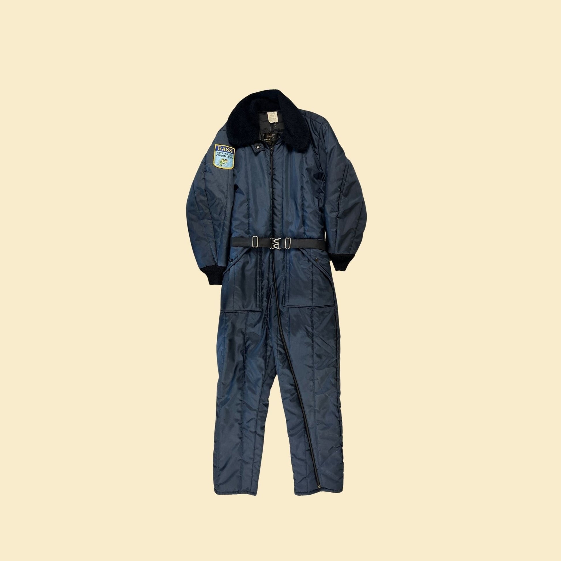 1970s Sears Work'n Leisure coveralls, men's vintage 70s dark blue workwear coveralls w/ Bass Anglers Society patch, size 40 reg