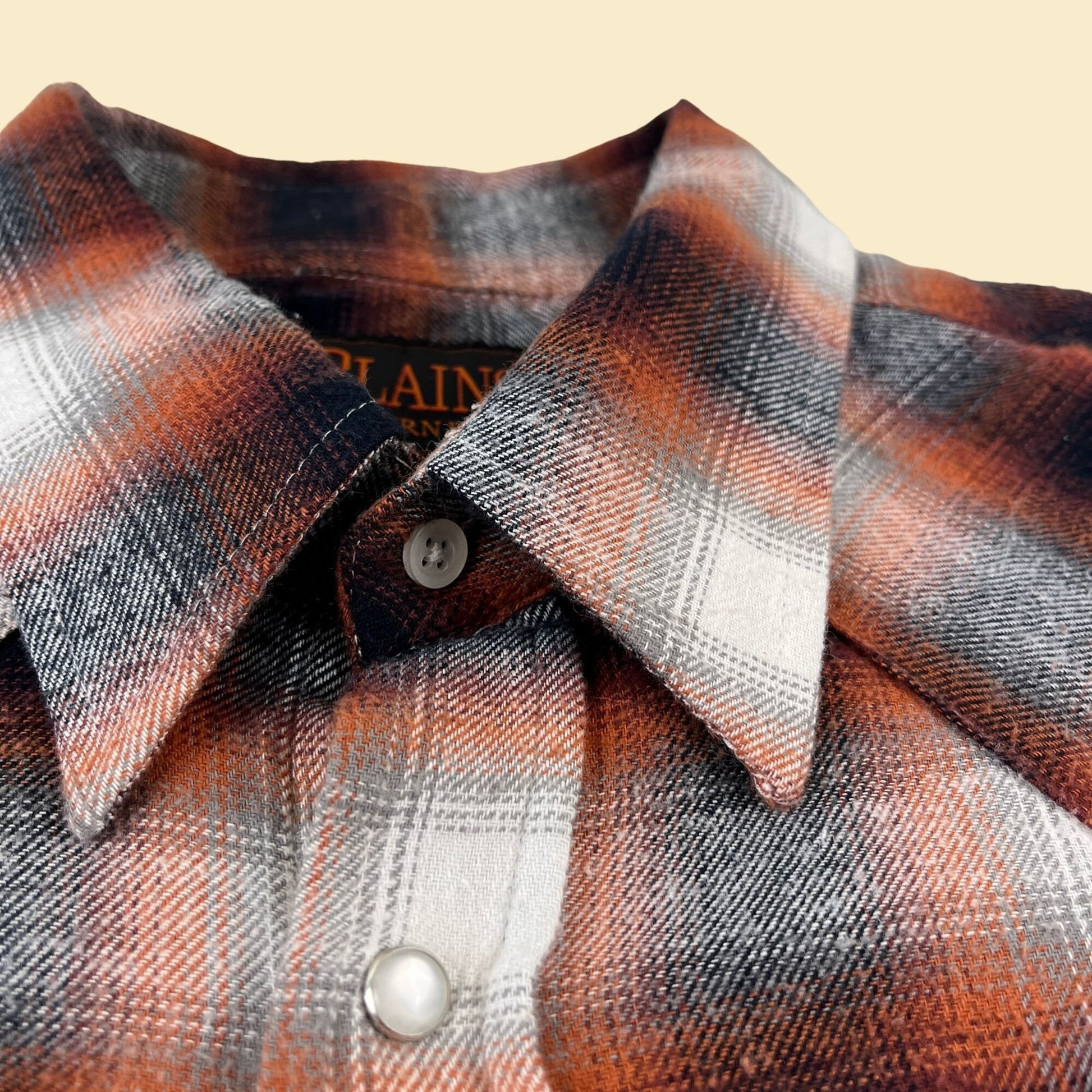 80s Plains Western LT men's shirt, vintage 1980s men's plaid orange/black snap clasp top