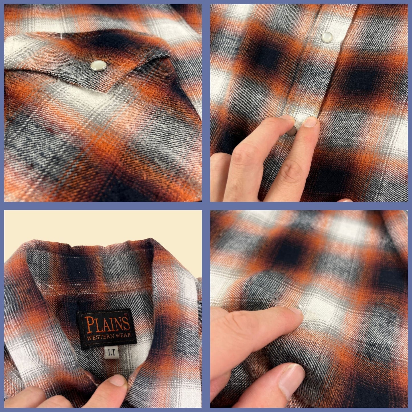 80s Plains Western LT men's shirt, vintage 1980s men's plaid orange/black snap clasp top