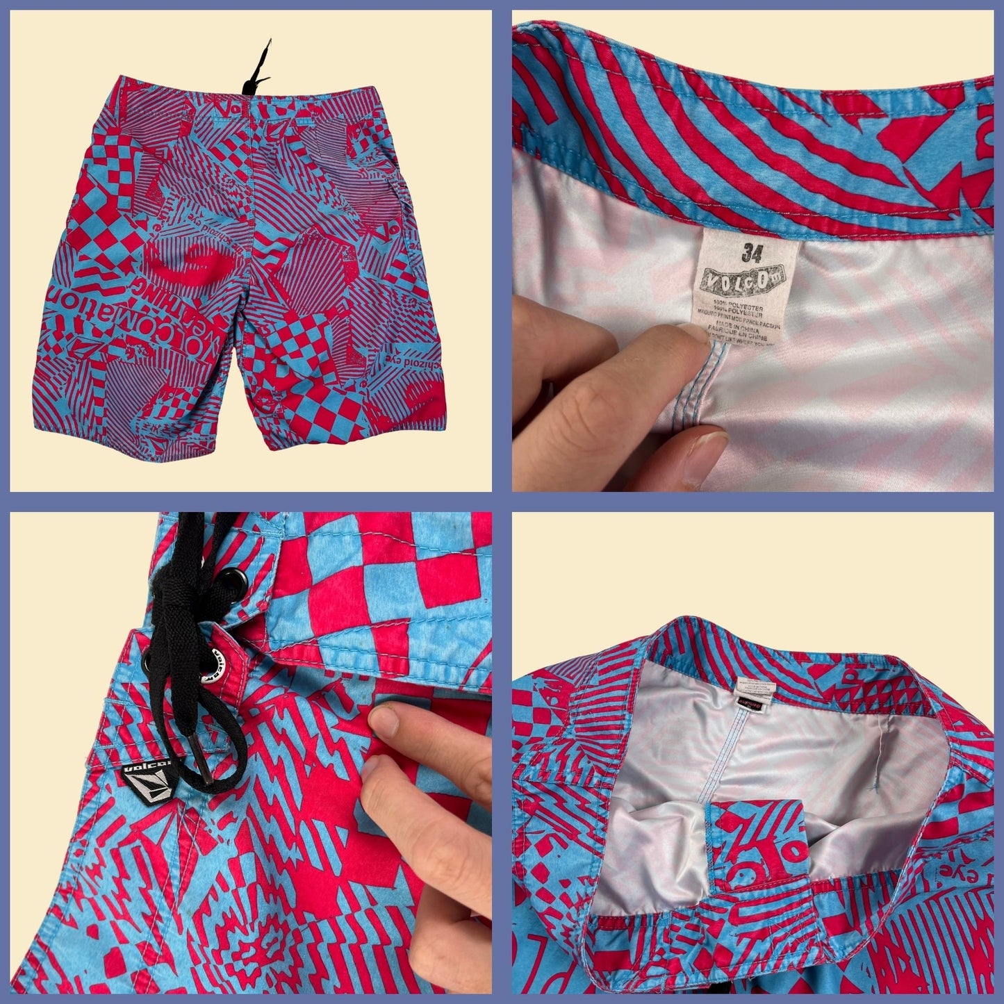 90s/Y2K Volcom board shorts, vintage men's early 2000s neon pink/blue swim shorts