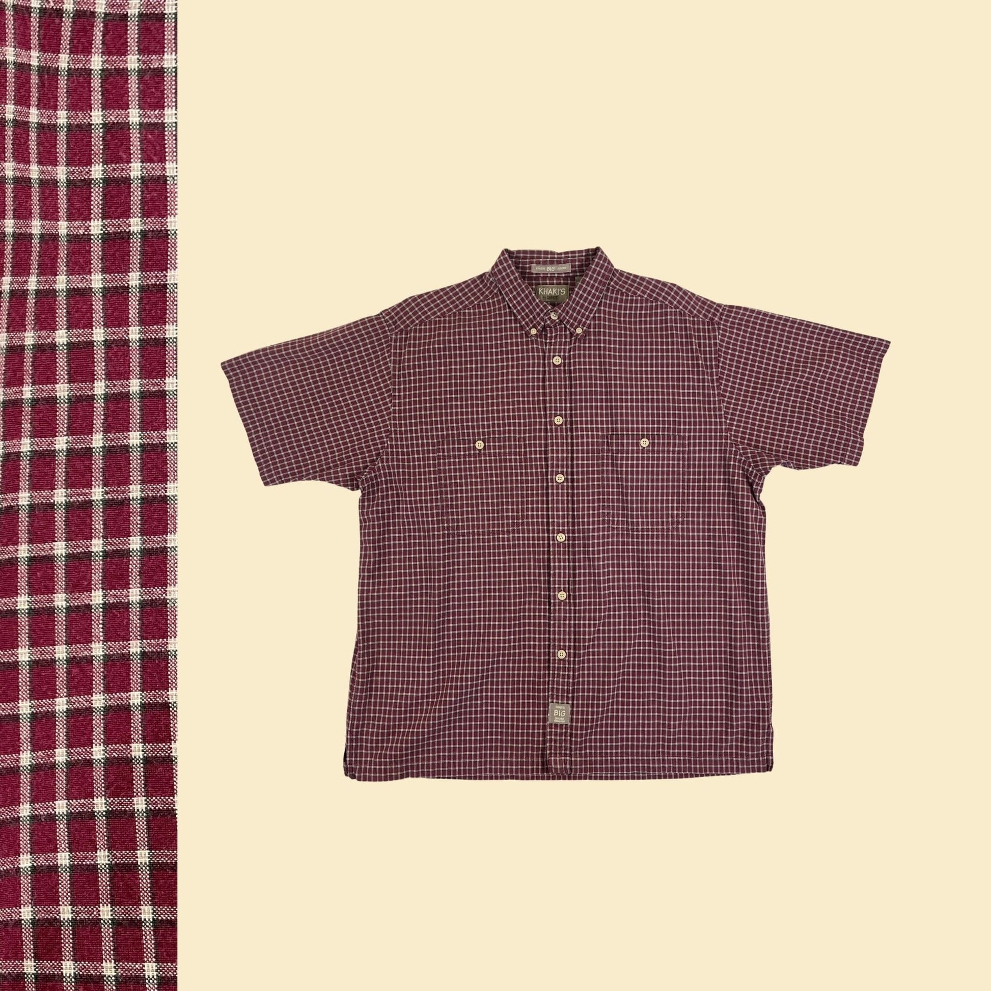 1990s L burgundy shirt, vintage 90s Khaki's by Arrow plaid short sleeve men's button down casual top