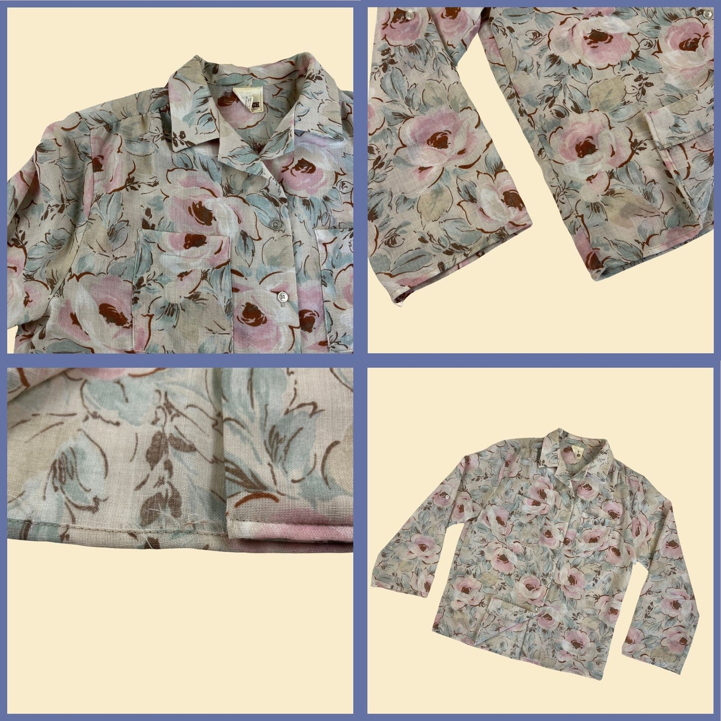 1970s 2 piece floral set by The Branch, Div of Joshua Tree, vintage blouse & skirt set w/ cream and pink floral pattern