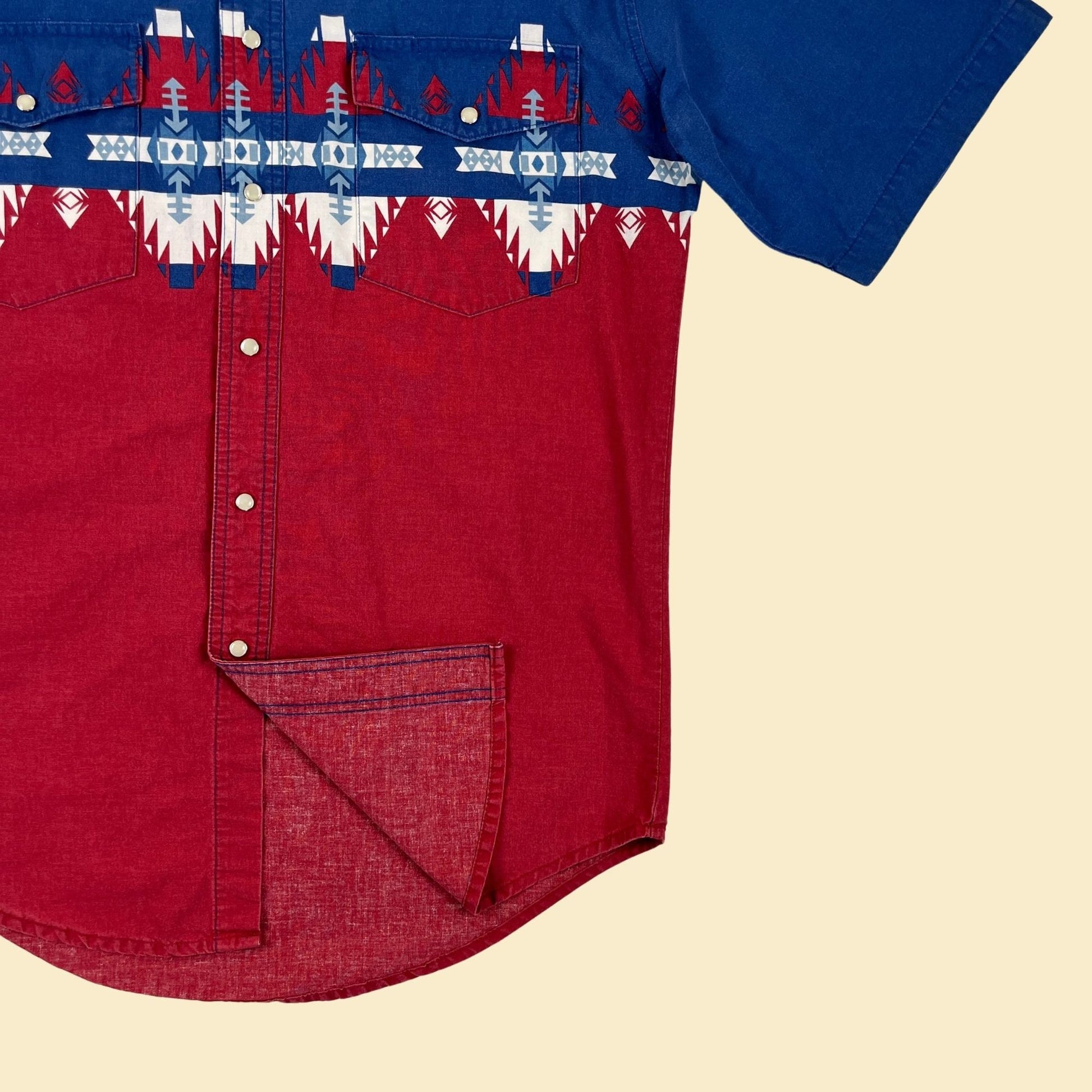 80s/90s western snap clasp shirt by Wrangler, Rustler, vintage 1980s blue, red & white geometric men's short sleeve