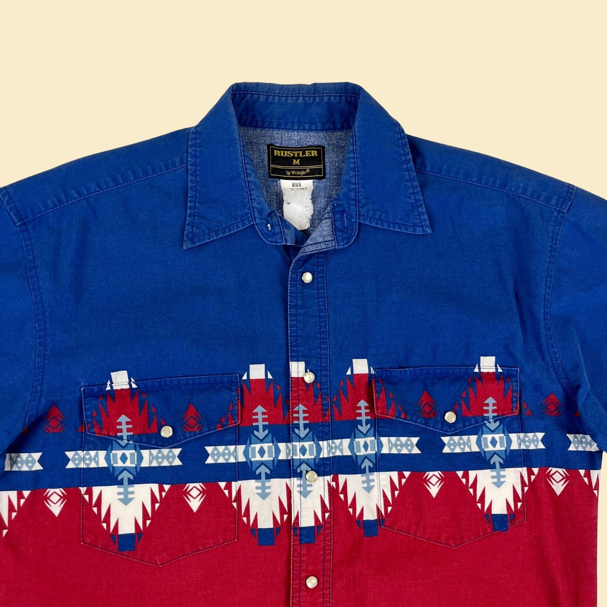 80s/90s western snap clasp shirt by Wrangler, Rustler, vintage 1980s blue, red & white geometric men's short sleeve