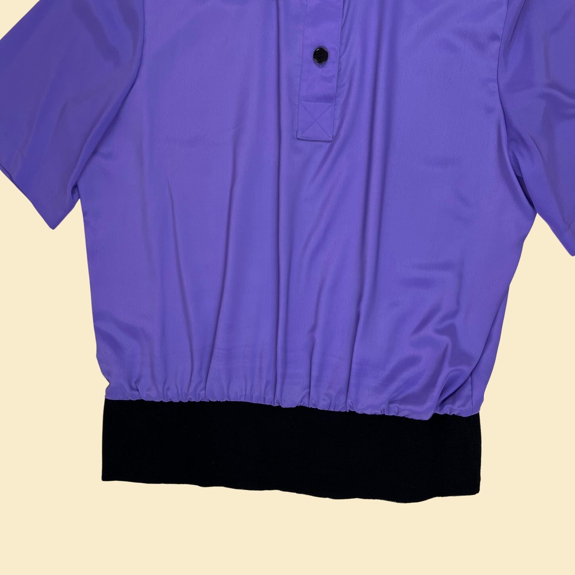 80s satin purple blouse w/ knit trim by Kelly Scott, size 10 vintage 1980s polo-style half button down purple & black shirt