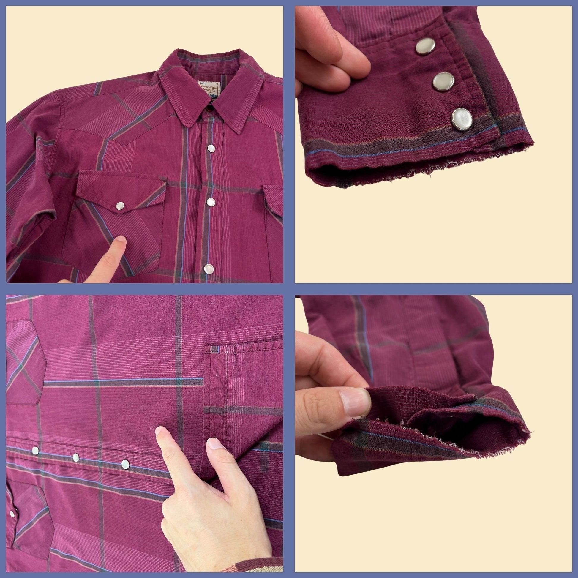 Vintage 90s shirt, burgundy Western Plains Trading Co men's snap clasp western blue/brown long sleeve top