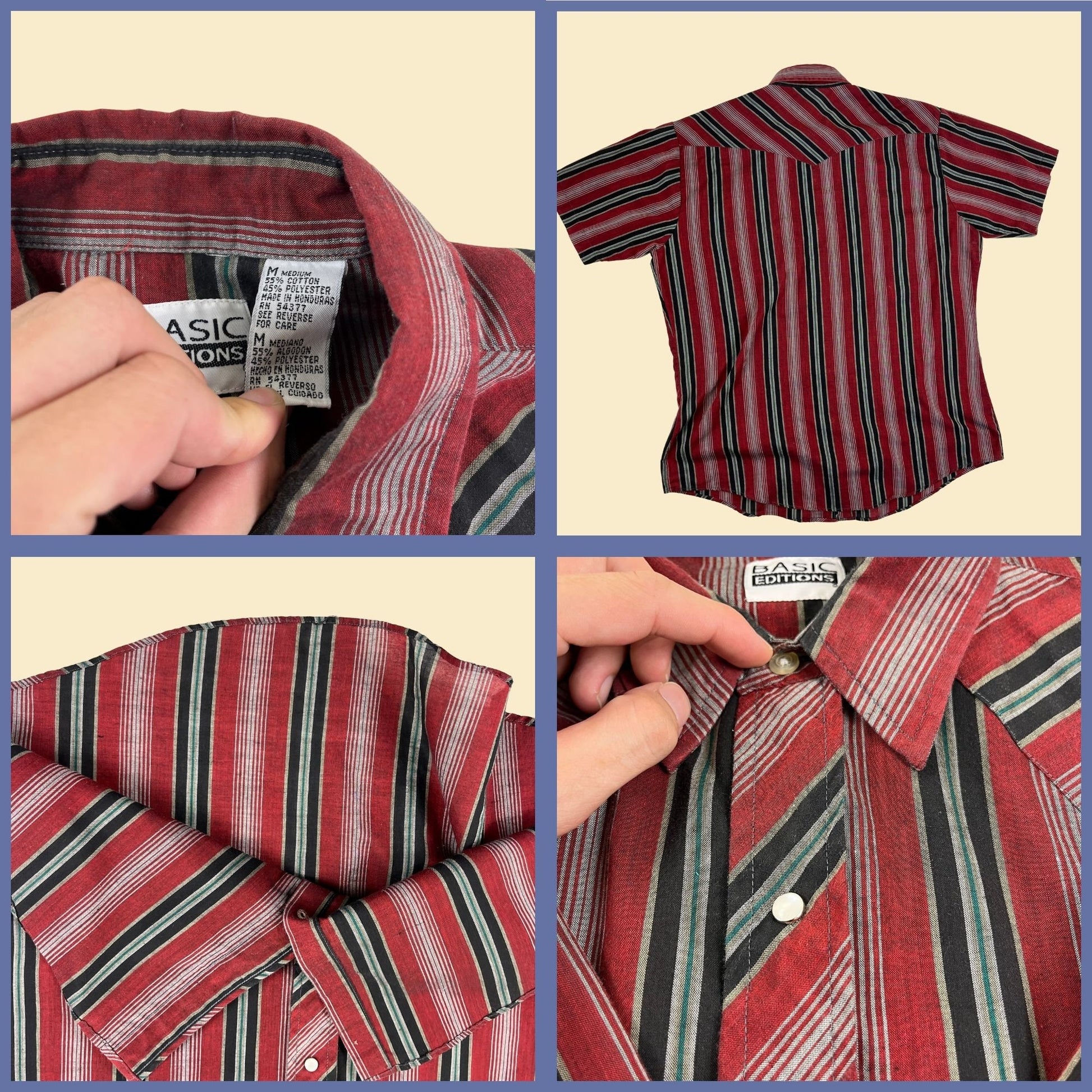 Vintage 90s western shirt, size M men's red & black striped pearl snap short sleeve casual down top