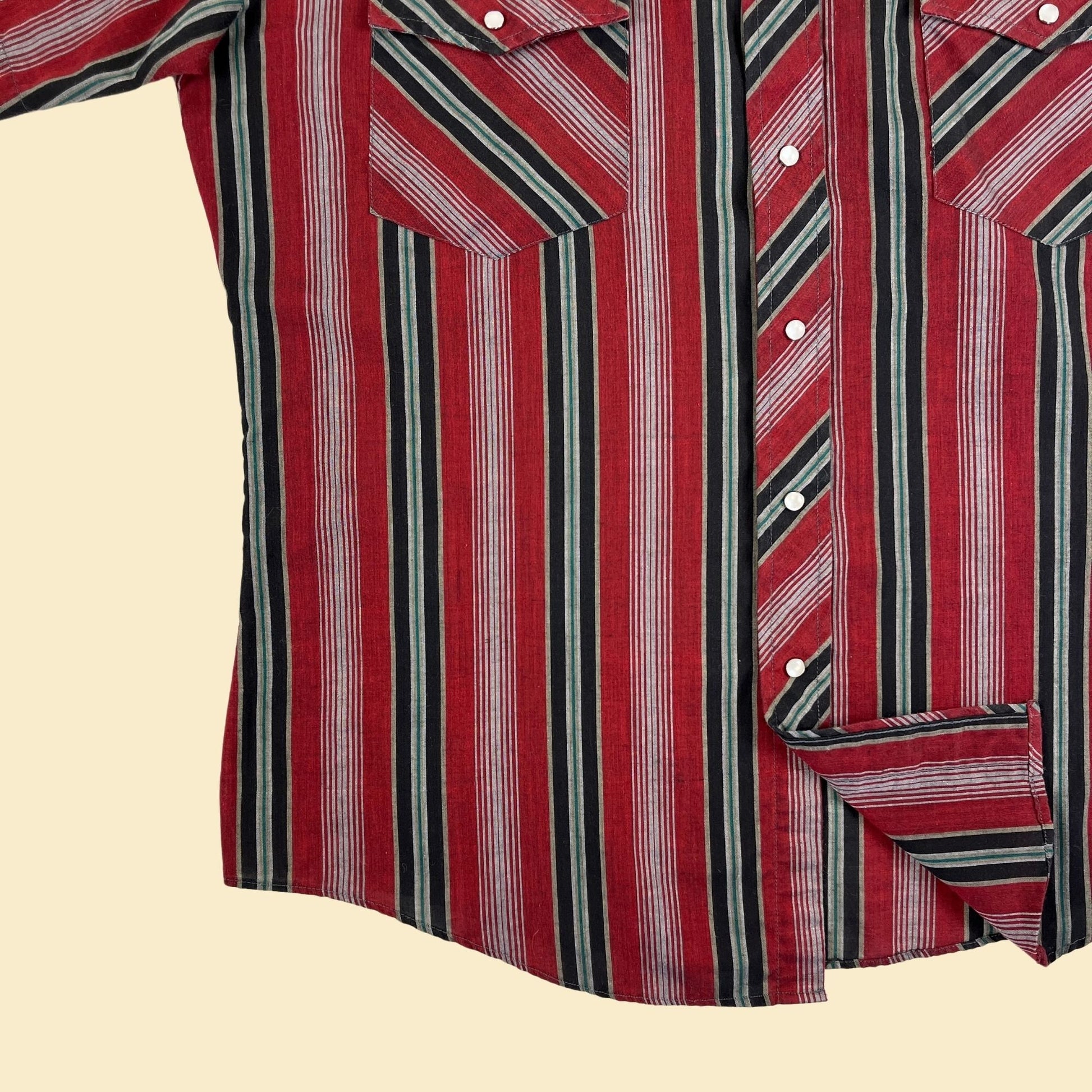 Vintage 90s western shirt, size M men's red & black striped pearl snap short sleeve casual down top