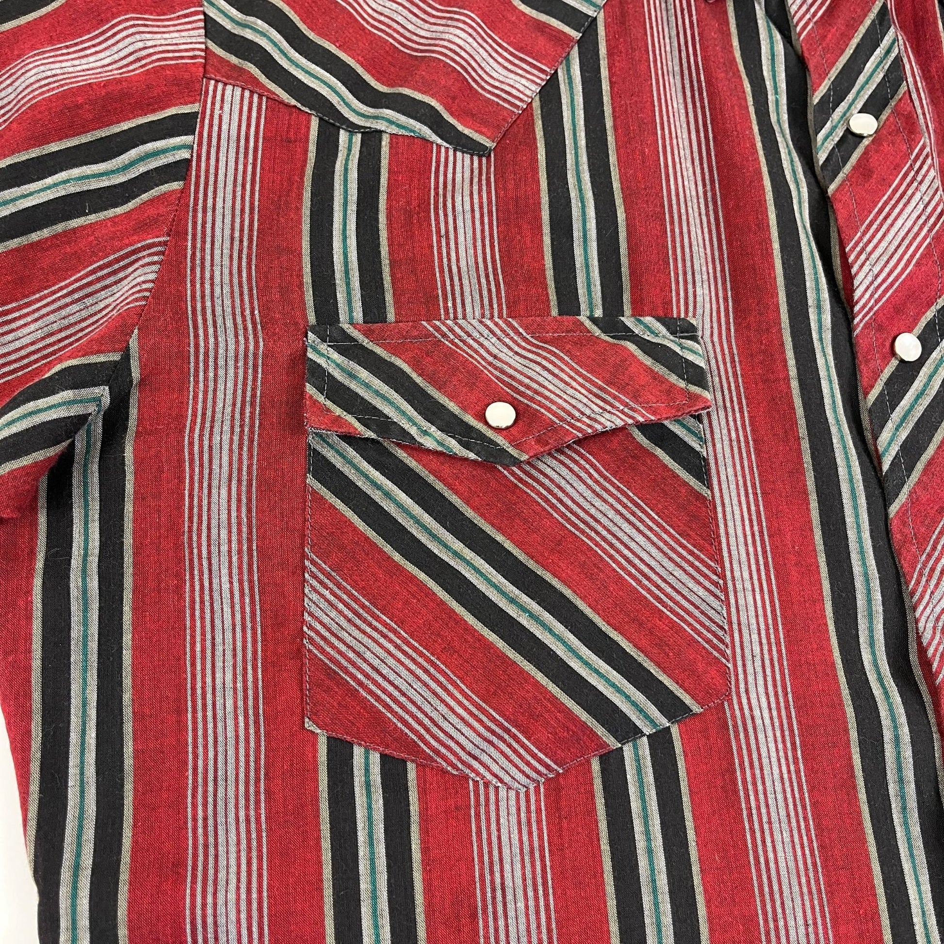 Vintage 90s western shirt, size M men's red & black striped pearl snap short sleeve casual down top