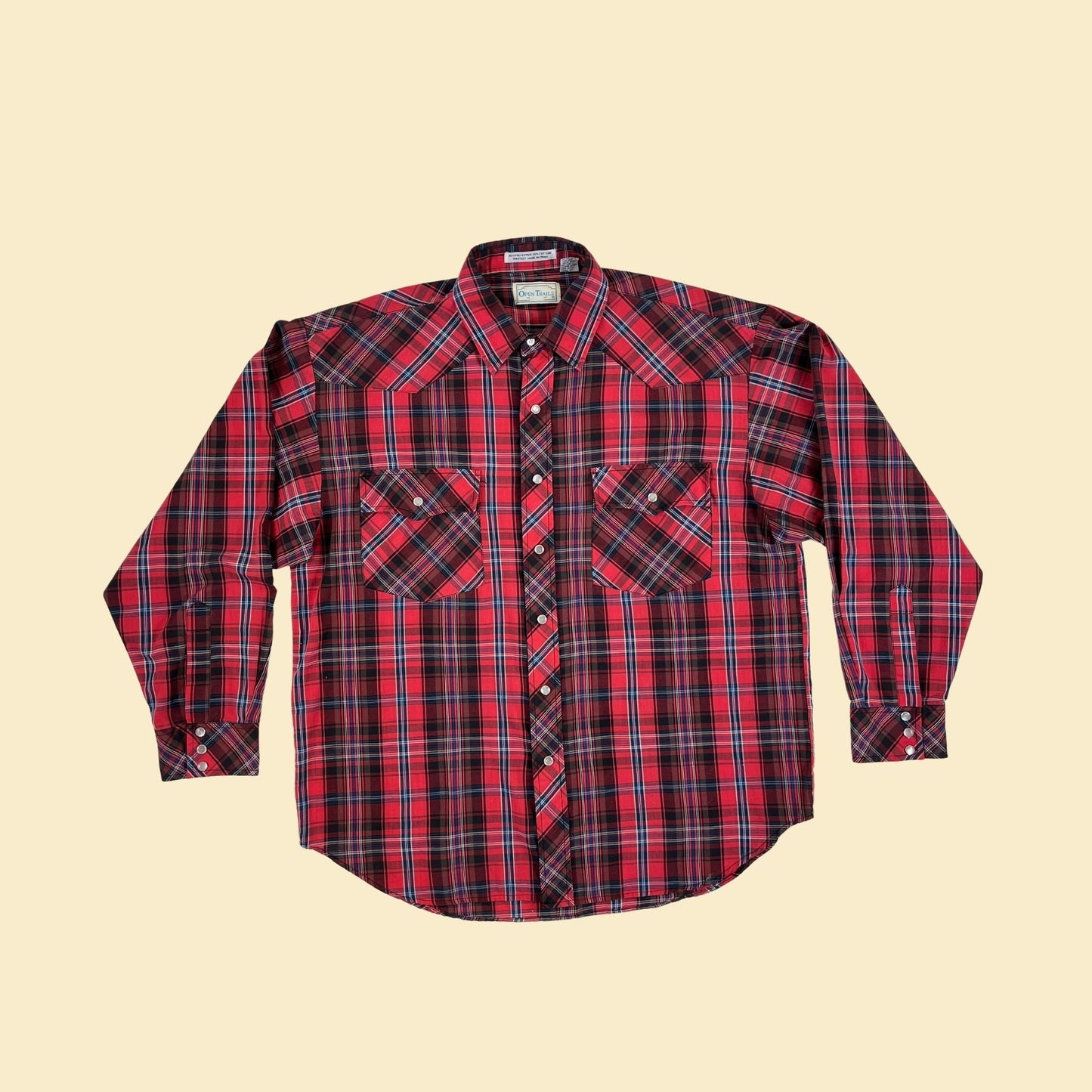 90s Open Trails plaid L western shirt, vintage 1990s pearl snap clasp lightweight long sleeve red & black plaid top