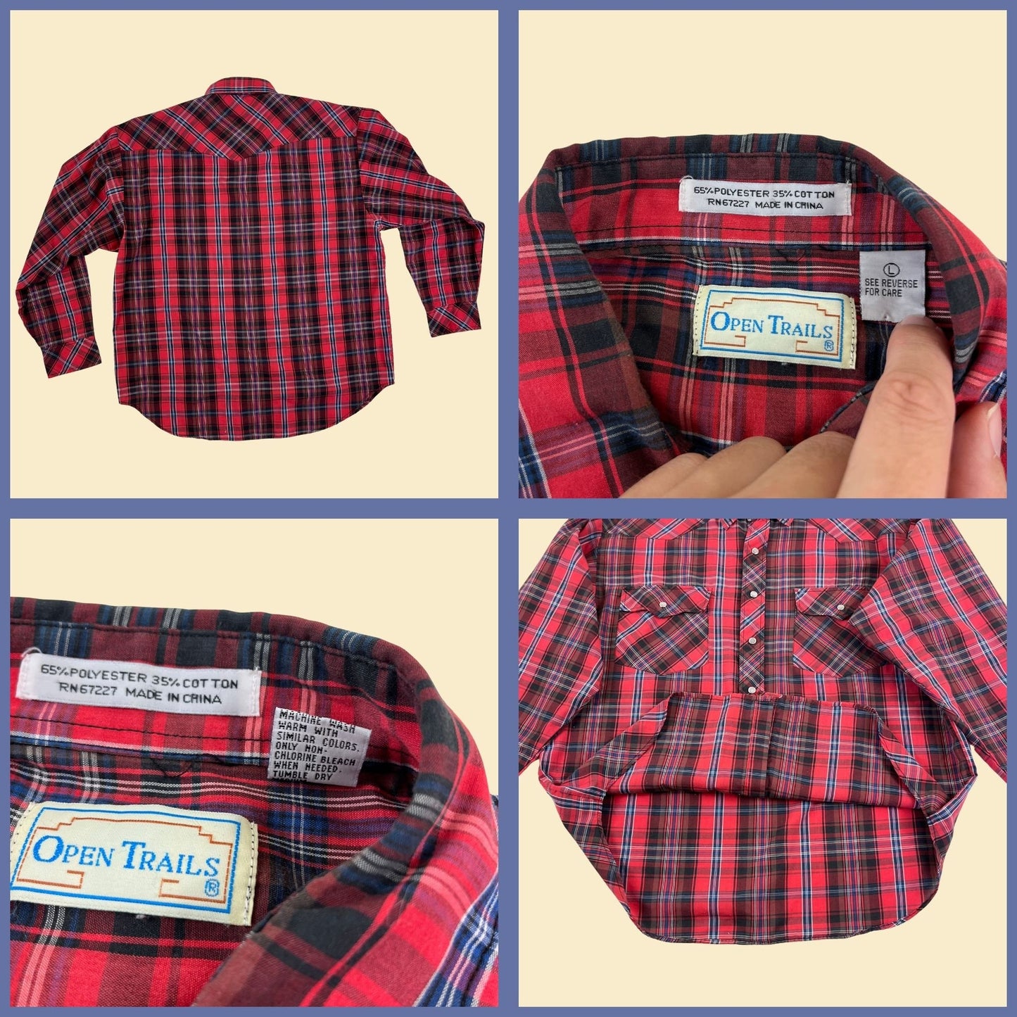 90s Open Trails plaid L western shirt, vintage 1990s pearl snap clasp lightweight long sleeve red & black plaid top