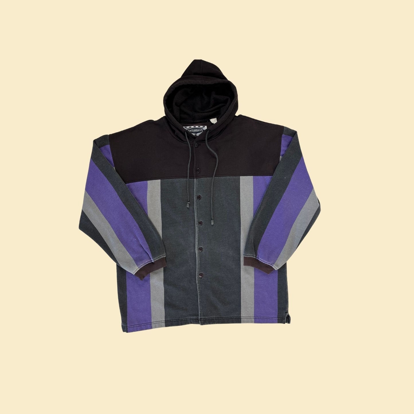 1980s striped hoodie jacket by Saturdays, vintage purple & black color-block streetwear button down hoodie