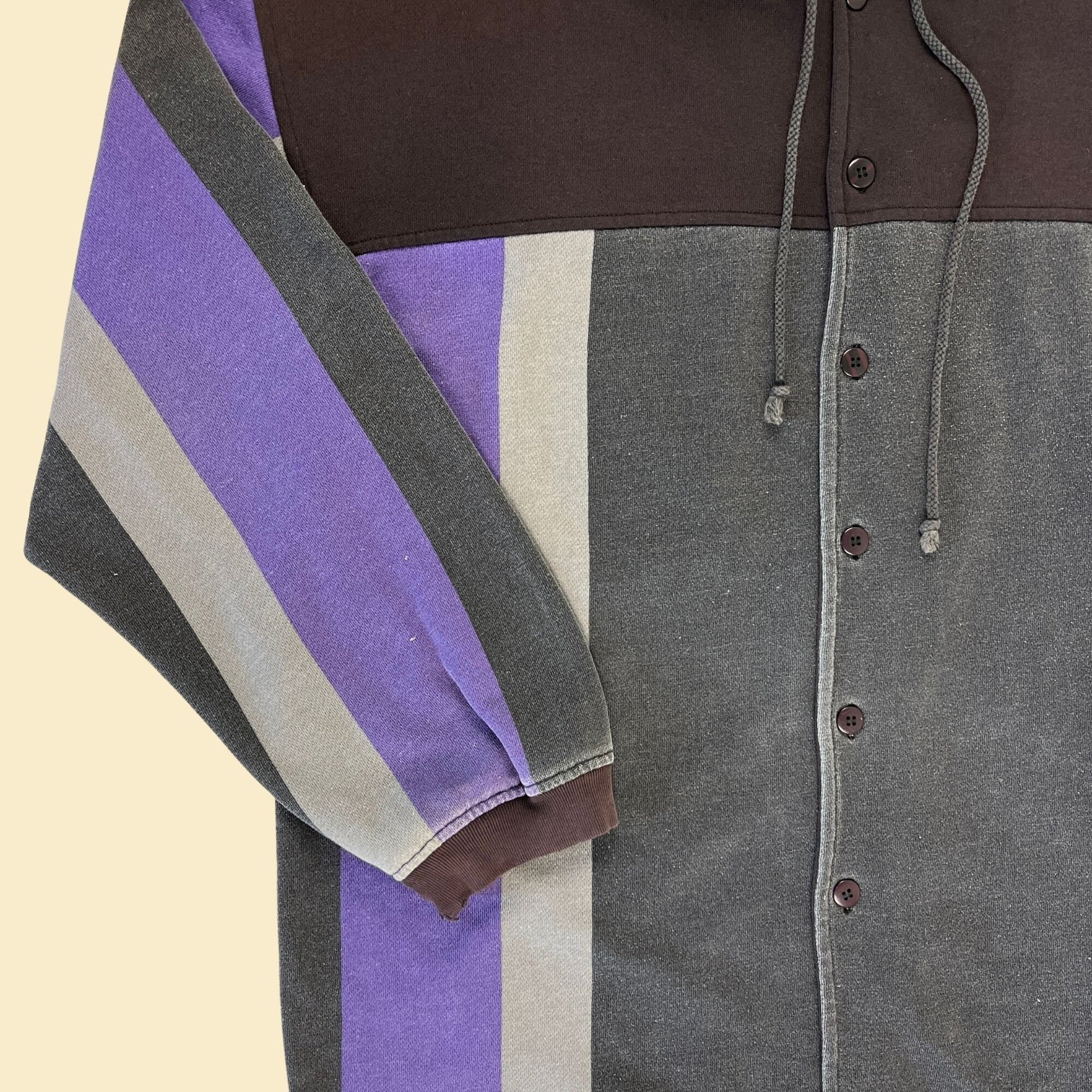 1980s striped hoodie jacket by Saturdays, vintage purple & black color-block streetwear button down hoodie