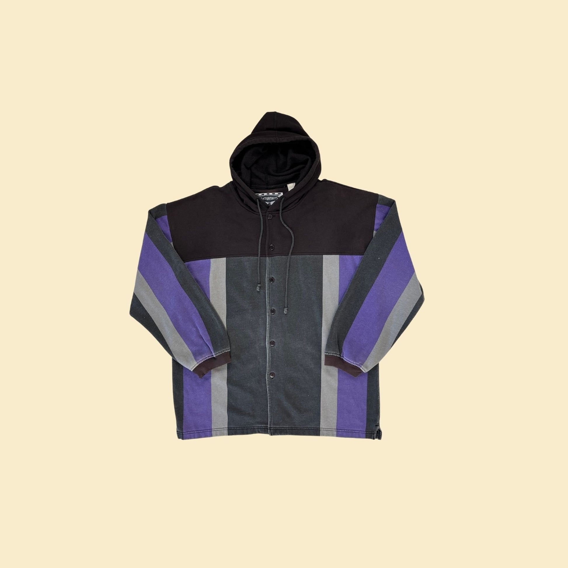 1980s striped hoodie jacket by Saturdays, vintage purple & black color-block streetwear button down hoodie