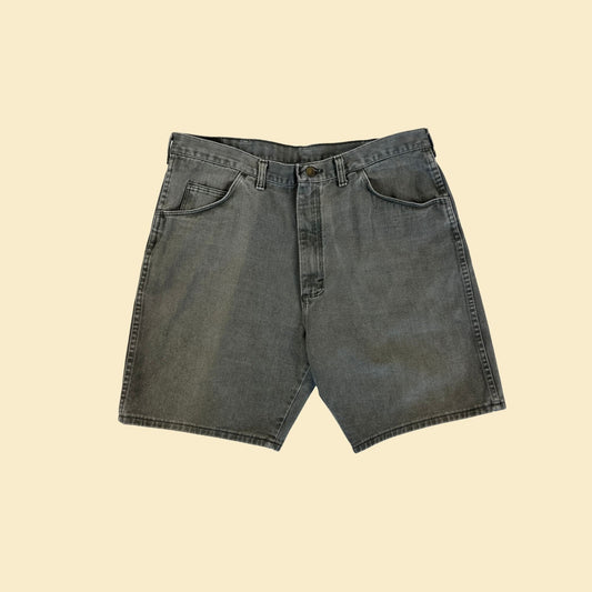 1990s Wrangler 38 shorts, vintage 90s men's denim grey/green carpenter shorts