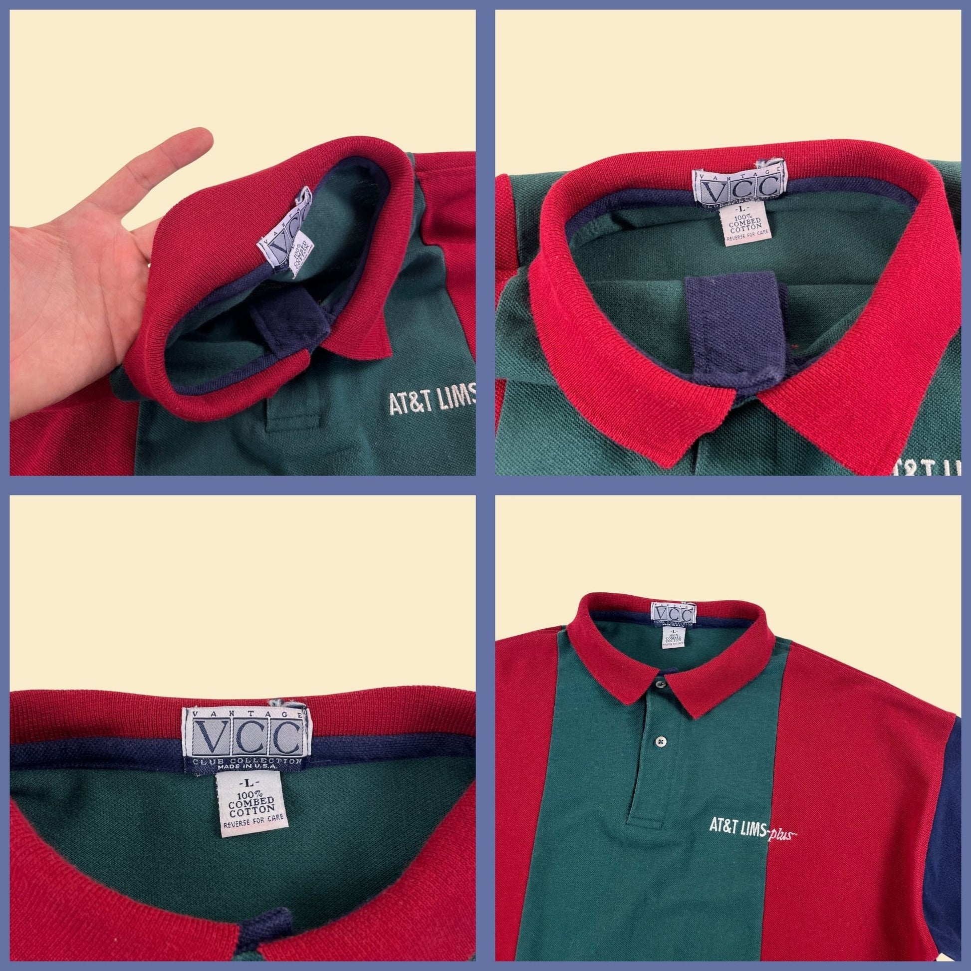 1990s AT&T polo L men's shirt, vintage 90s red/green/blue colorblock striped men's shirt