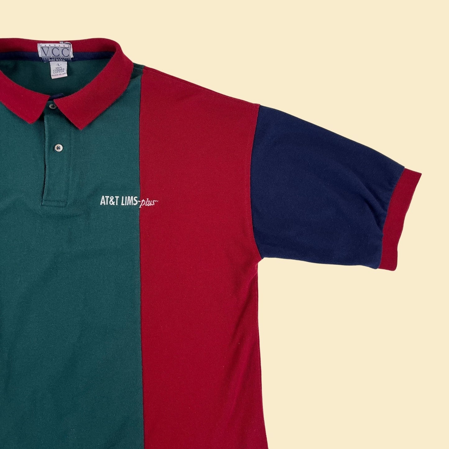 1990s AT&T polo L men's shirt, vintage 90s red/green/blue colorblock striped men's shirt