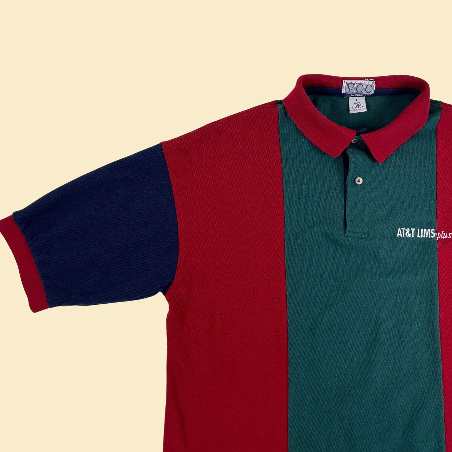 1990s AT&T polo L men's shirt, vintage 90s red/green/blue colorblock striped men's shirt