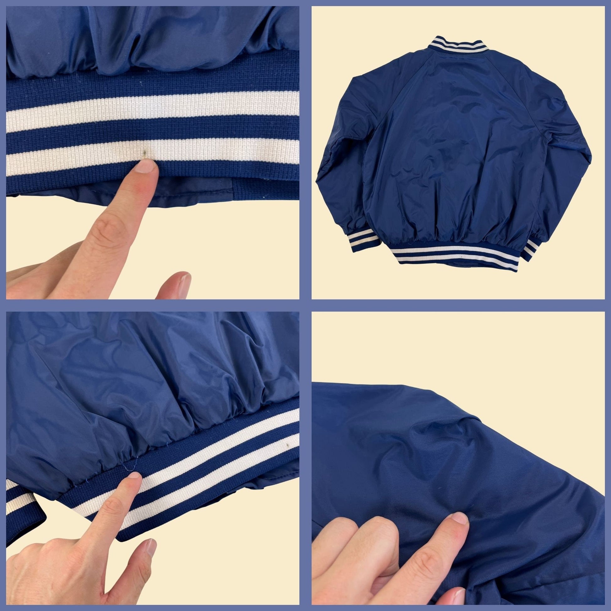 1980s L blue bomber jacket by Trax, vintage 80s/90s blue & white windbreaker jacket w/ snap closures