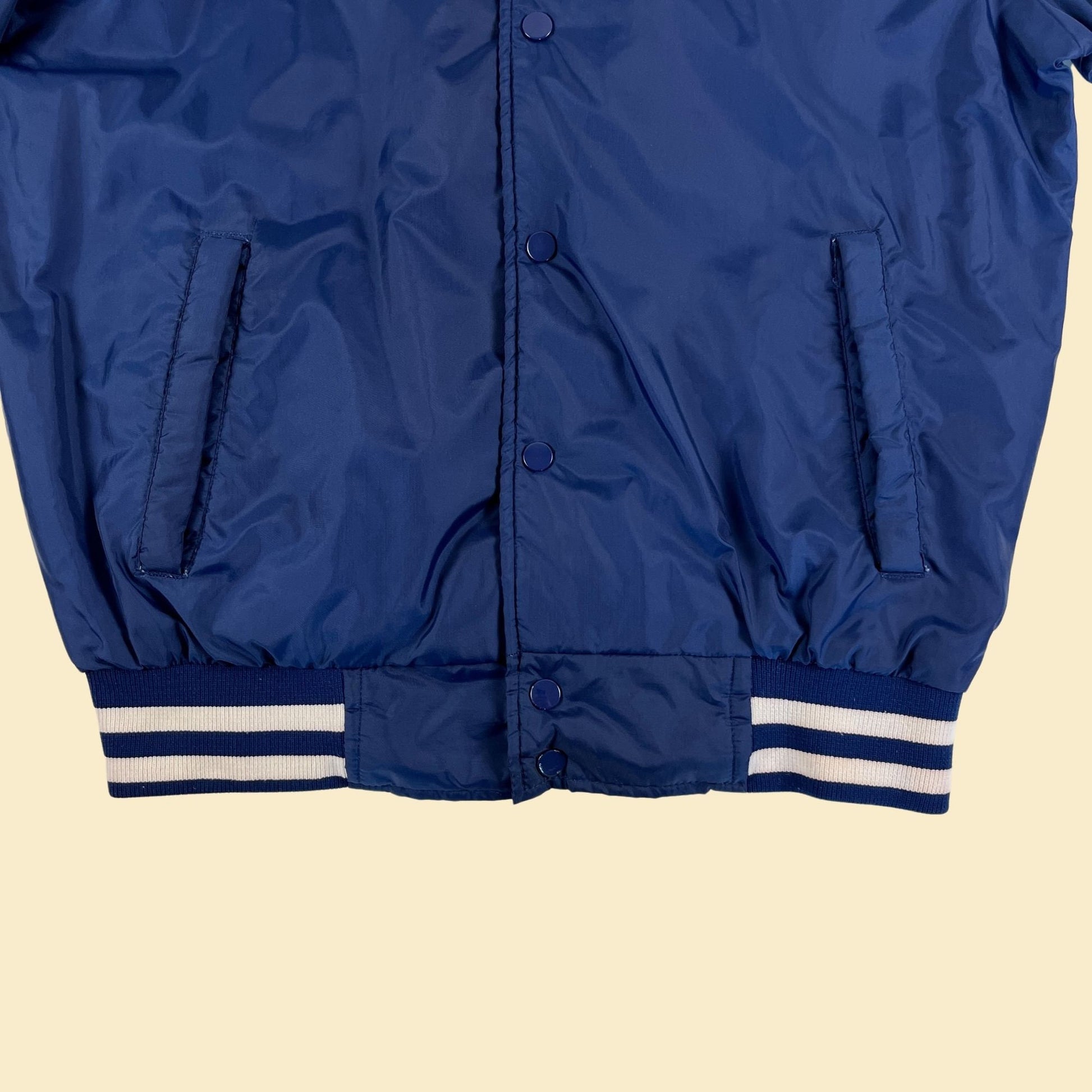 1980s L blue bomber jacket by Trax, vintage 80s/90s blue & white windbreaker jacket w/ snap closures