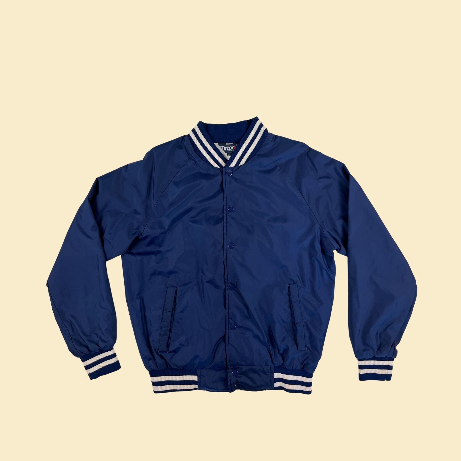 1980s L blue bomber jacket by Trax, vintage 80s/90s blue & white windbreaker jacket w/ snap closures