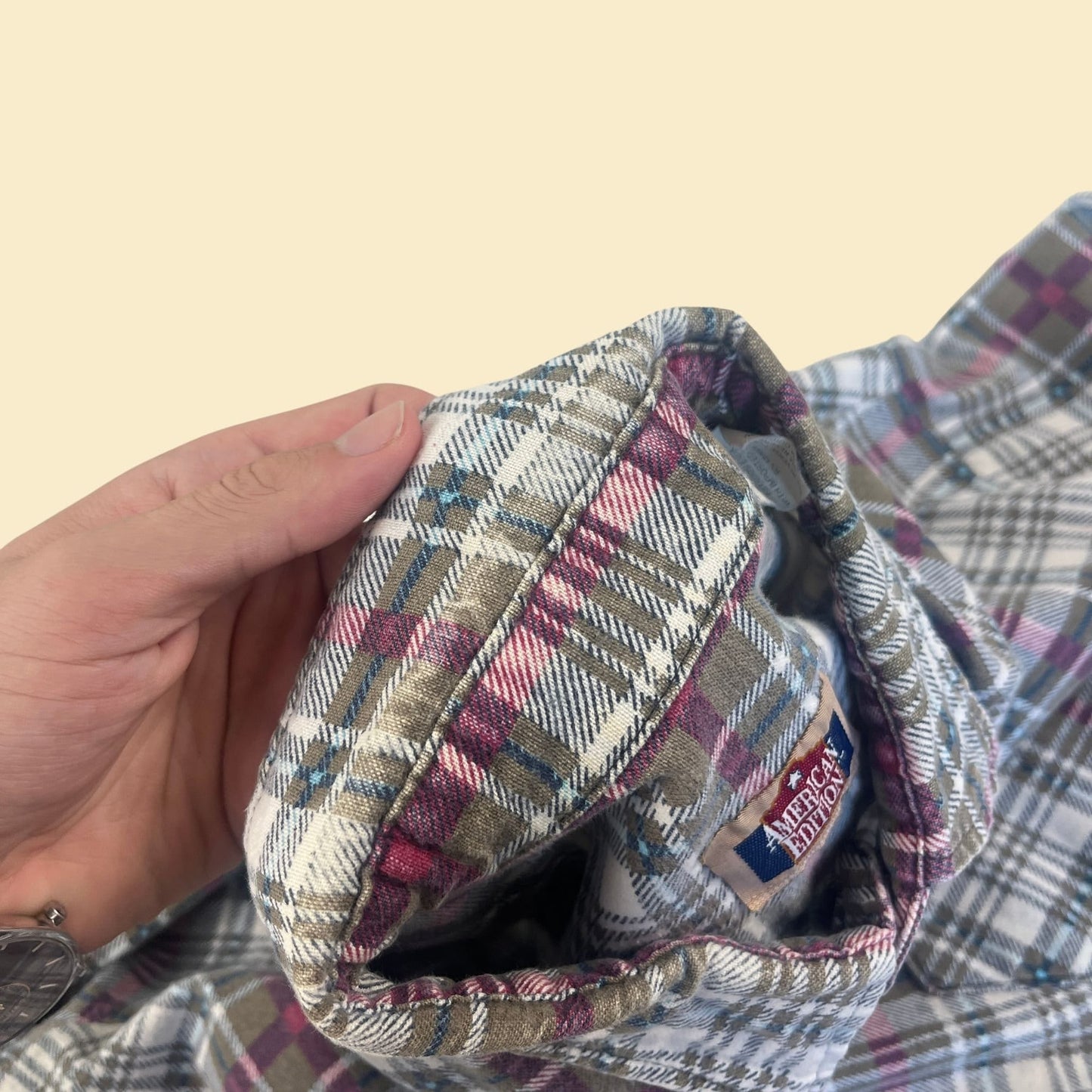 1980s plaid 2XLT flannel shirt by American Edition, vintage 80s cotton white/pink/blue long sleeve men's shirt