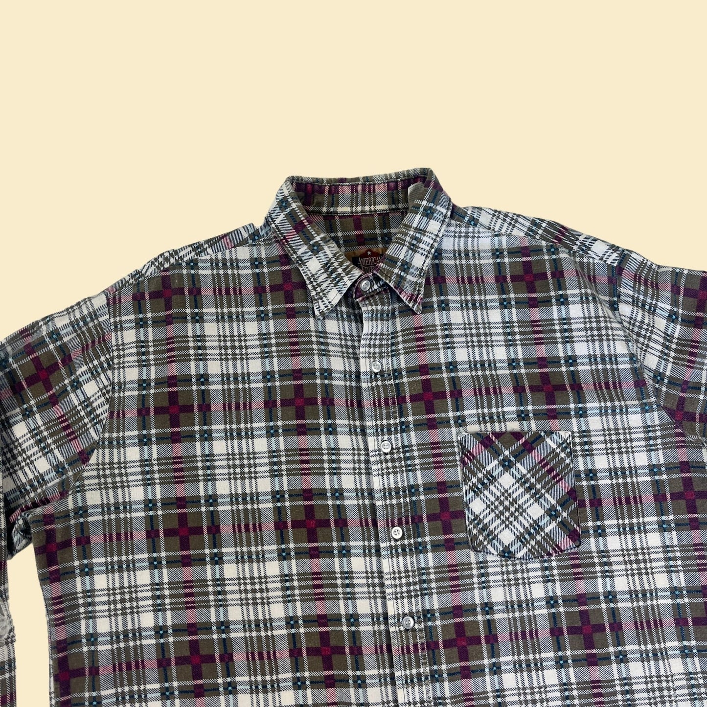 1980s plaid 2XLT flannel shirt by American Edition, vintage 80s cotton white/pink/blue long sleeve men's shirt