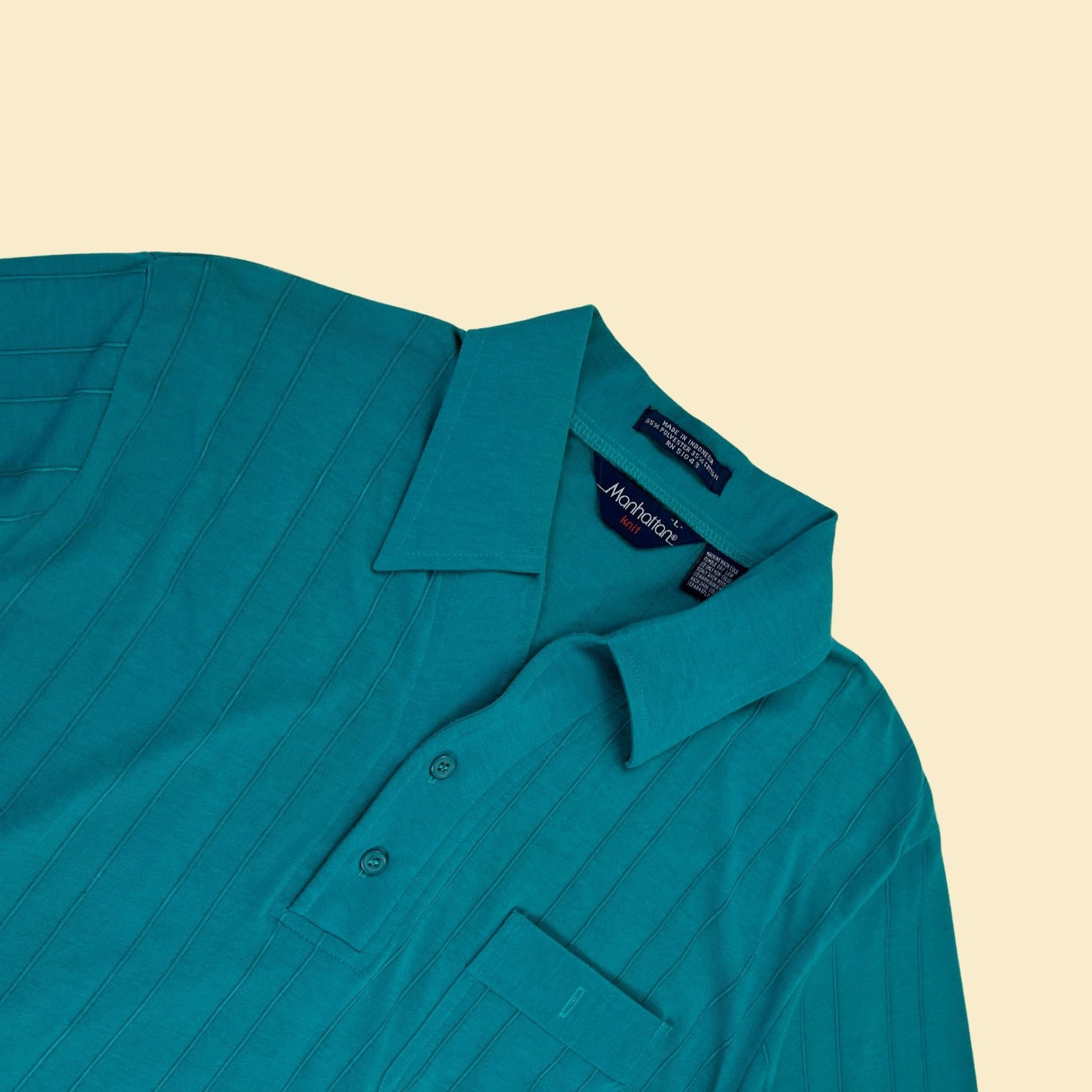 70s/80s teal L polo shirt by Manhattan Knits, vintage 1980s ribbed men's polo shirt