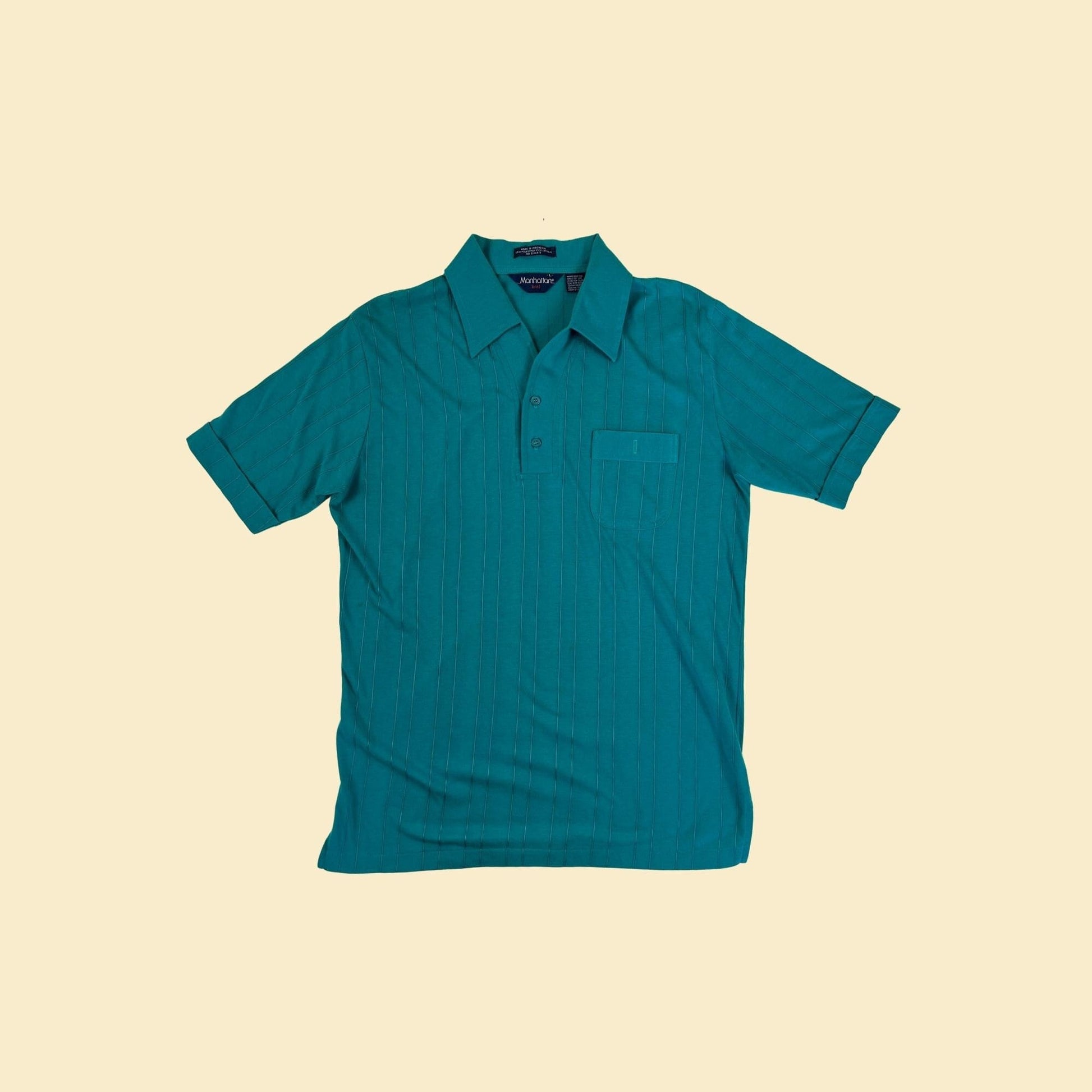 70s/80s teal L polo shirt by Manhattan Knits, vintage 1980s ribbed men's polo shirt