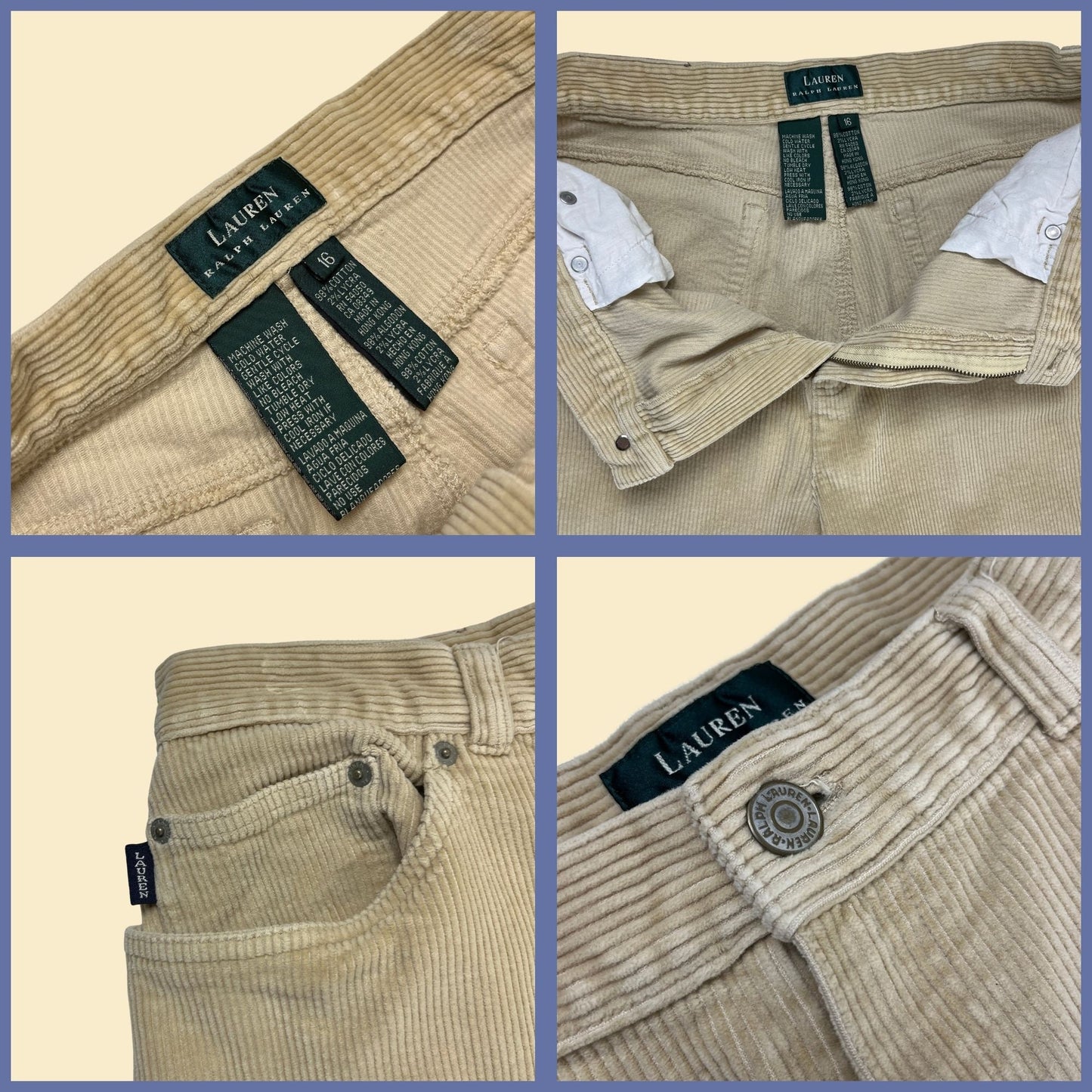 1990s beige corduroy 16 pants, Lauren Ralph Lauren vintage 90s high-rise corduroys