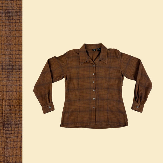 1990s M brown flannel blouse by Mr. Lee, Riveted, vintage 90s cotton brown & blue button down shirt