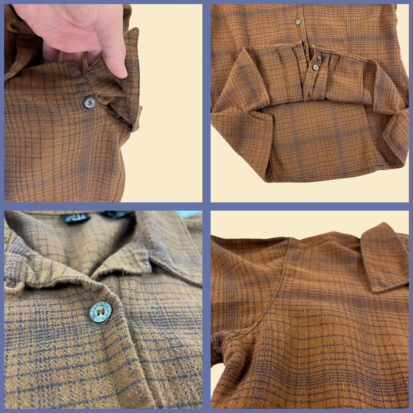 1990s M brown flannel blouse by Mr. Lee, Riveted, vintage 90s cotton brown & blue button down shirt