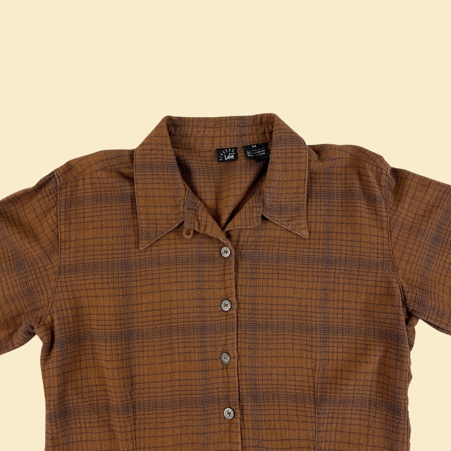 1990s M brown flannel blouse by Mr. Lee, Riveted, vintage 90s cotton brown & blue button down shirt