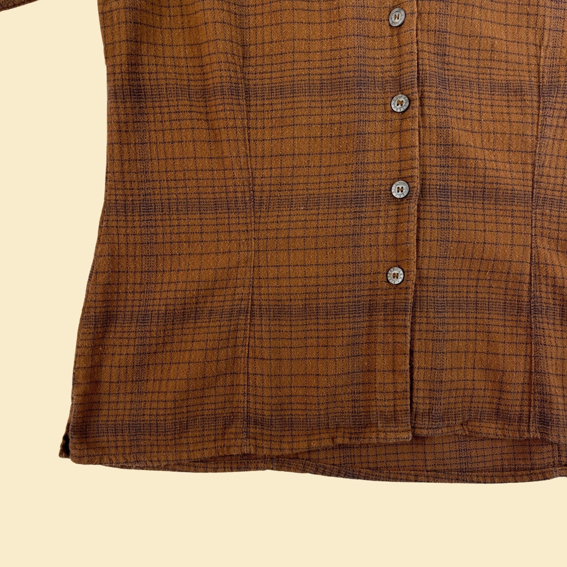 1990s M brown flannel blouse by Mr. Lee, Riveted, vintage 90s cotton brown & blue button down shirt