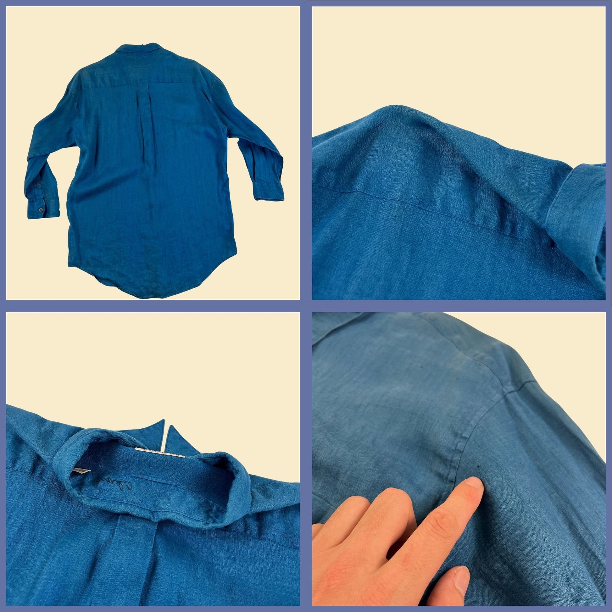 1980s M blue linen shirt by Basco Sportswear, vintage 80s button down long sleeve men's top